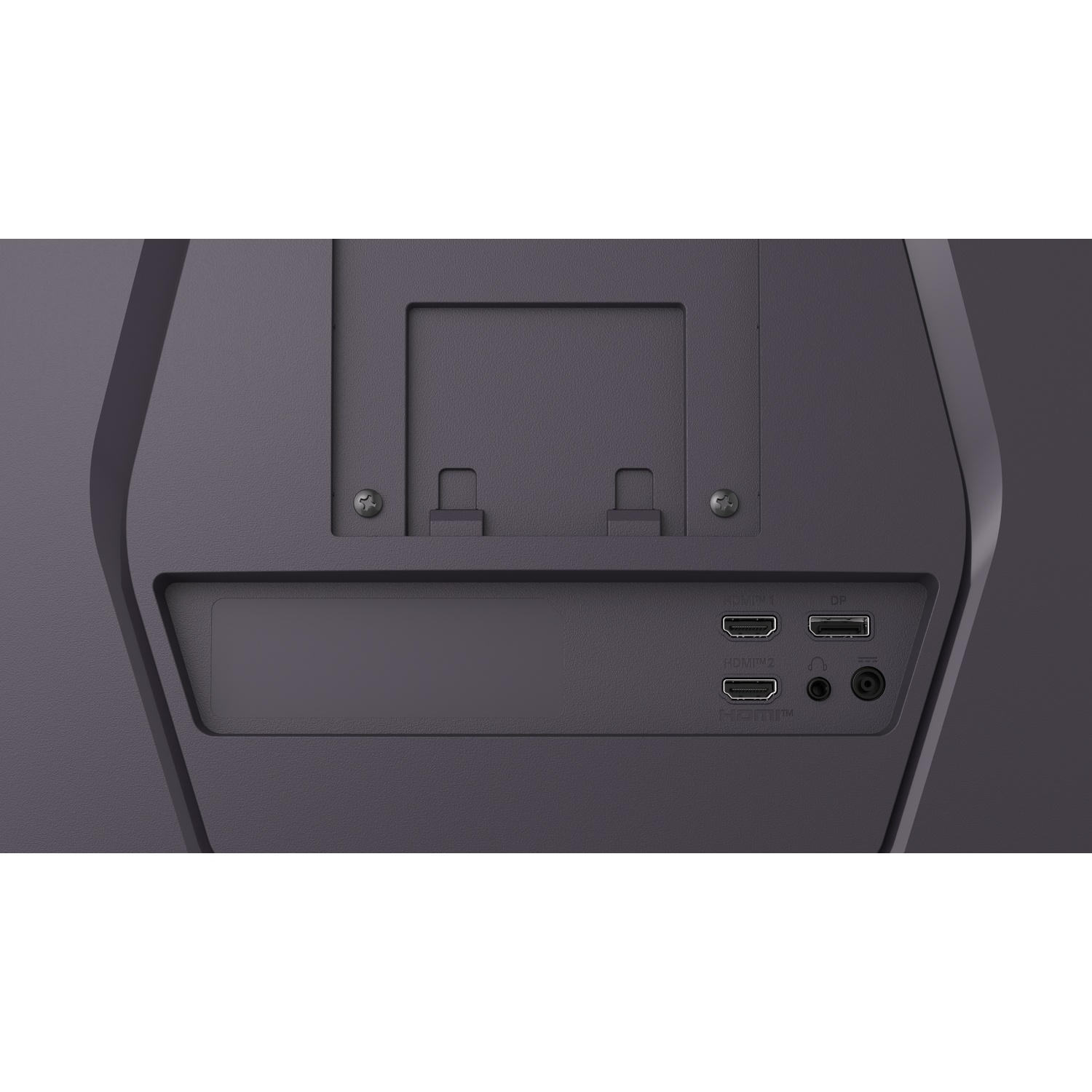 Close-up van de achterkant van een donkergrijze monitor. Inclusief HDMI-poorten, een DisplayPort, een audio-aansluiting en montageschroeven.