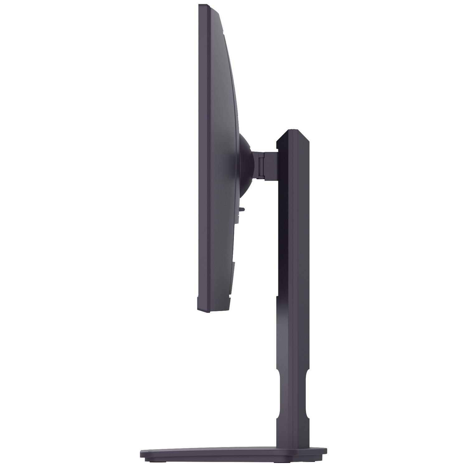 Zijaanzicht van een zwarte computermonitor. Het heeft een rechthoekig scherm, een standaard en staat op een witte achtergrond.