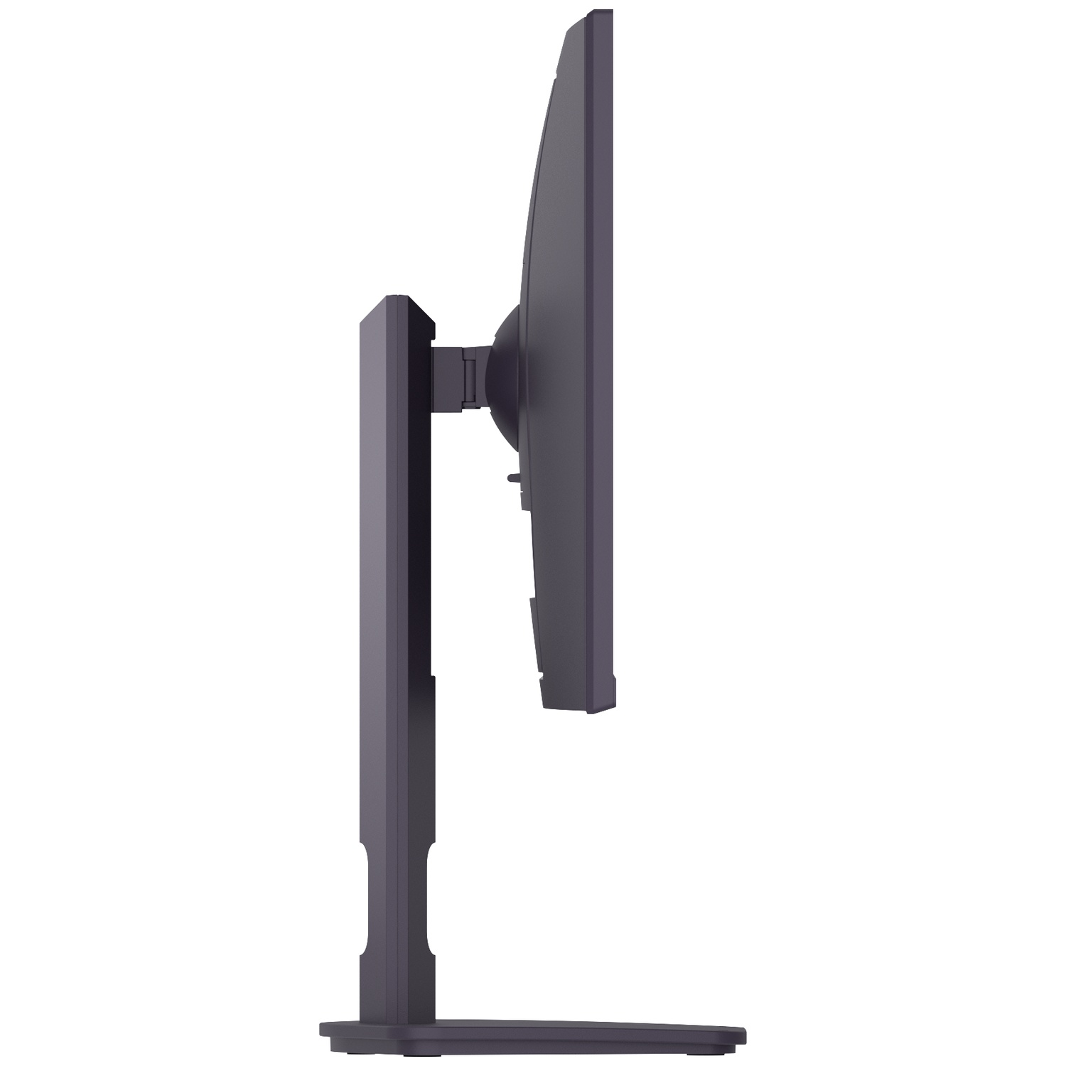 Zijaanzicht van een donkergrijze computermonitor. Het is op een standaard gemonteerd. De achtergrond is wit.