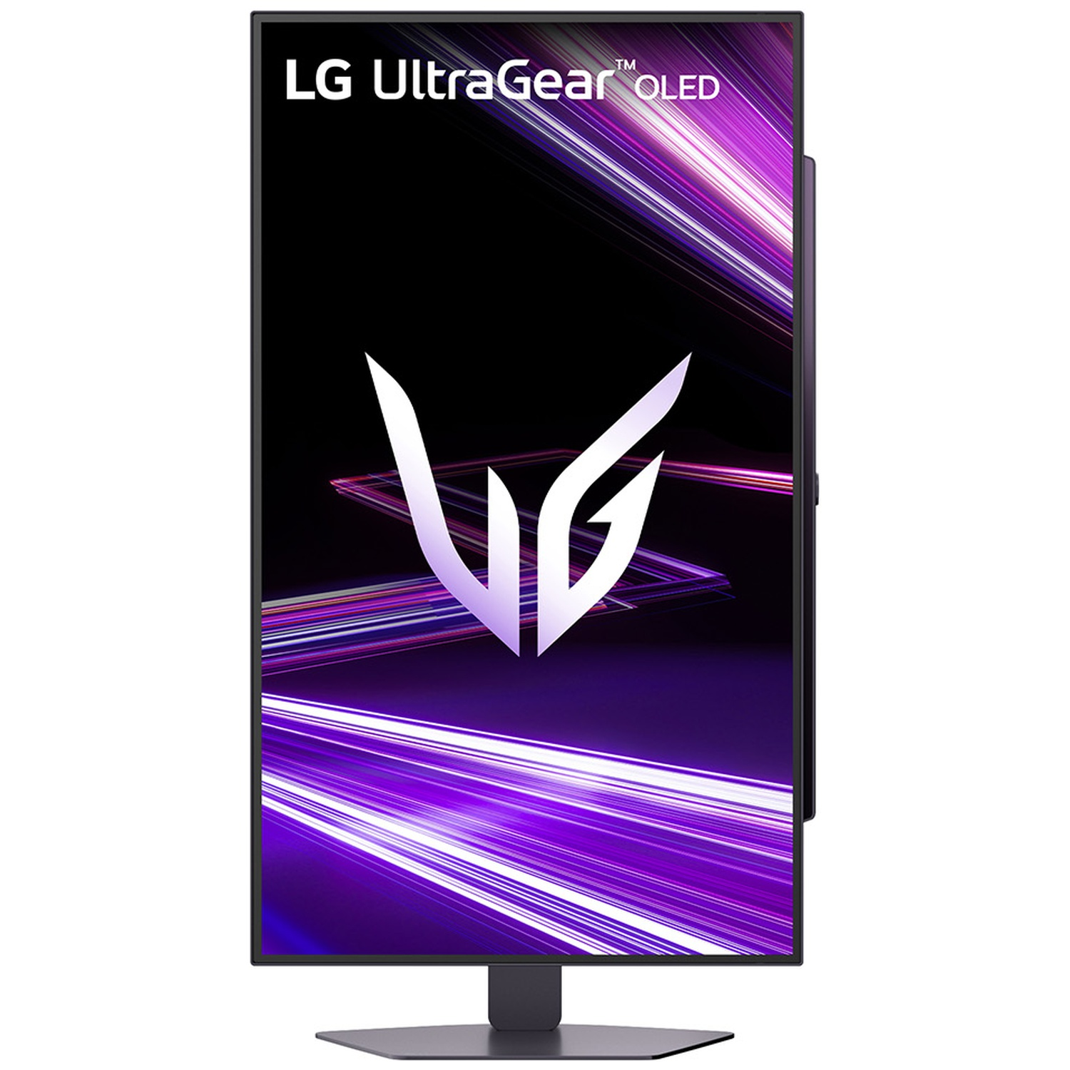 An LG UltraGear OLED monitor with a black frame. The screen displays a purple and black design with the LG UltraGear logo.