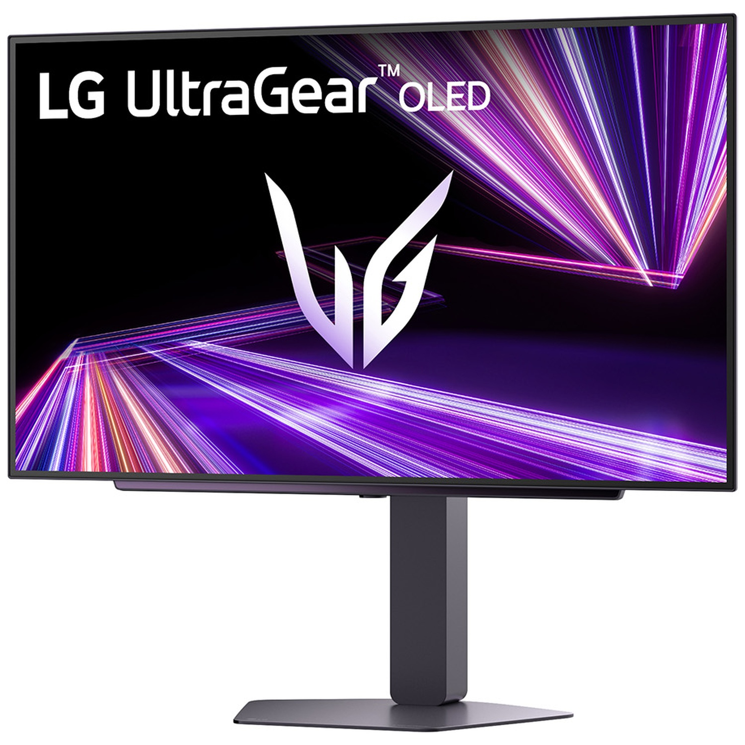 LG UltraGear OLED monitor. Display shows a purple and white light effect. It is supported by a gray stand.