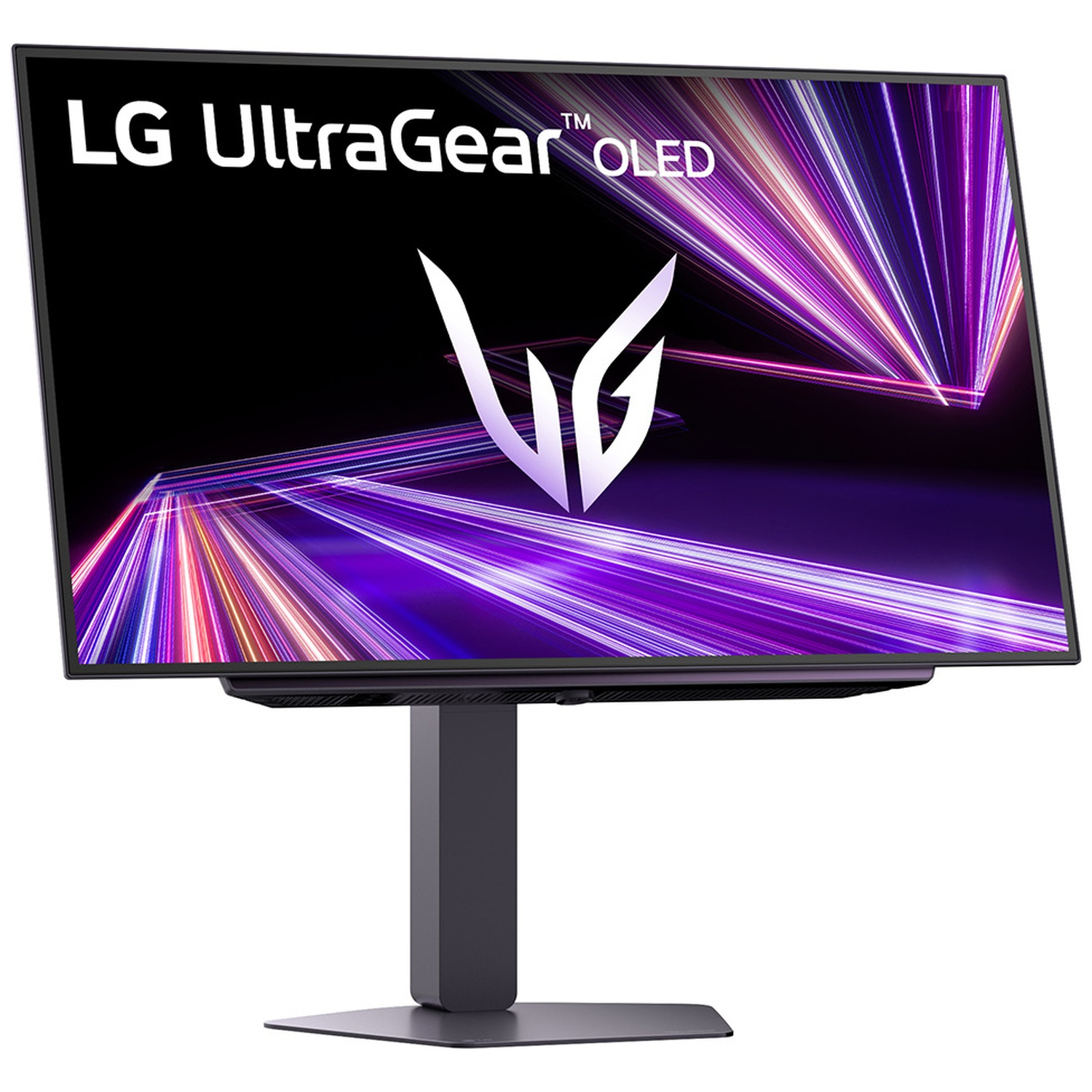 LG UltraGear OLED monitor. Screen displays a purple and white abstract design. The monitor is on a gray stand.