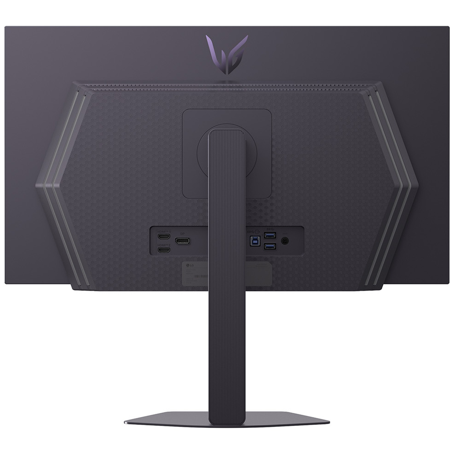 Back of a dark gray LG monitor. Includes ports, stand, and the LG logo. Features a textured surface and a sleek design.