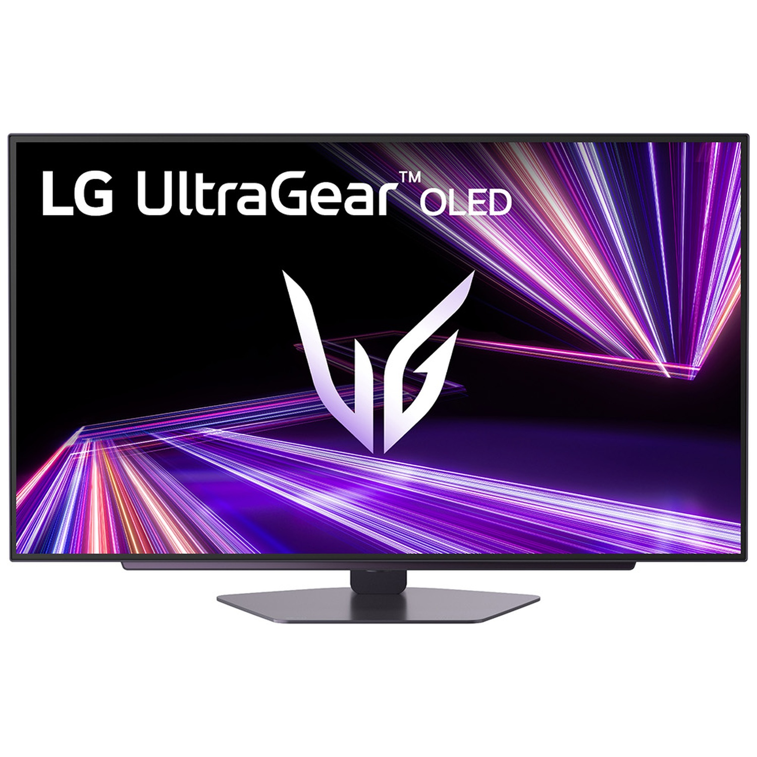 LG UltraGear OLED TV. Black frame, silver stand. Screen displays purple and white light streaks, and a white logo.