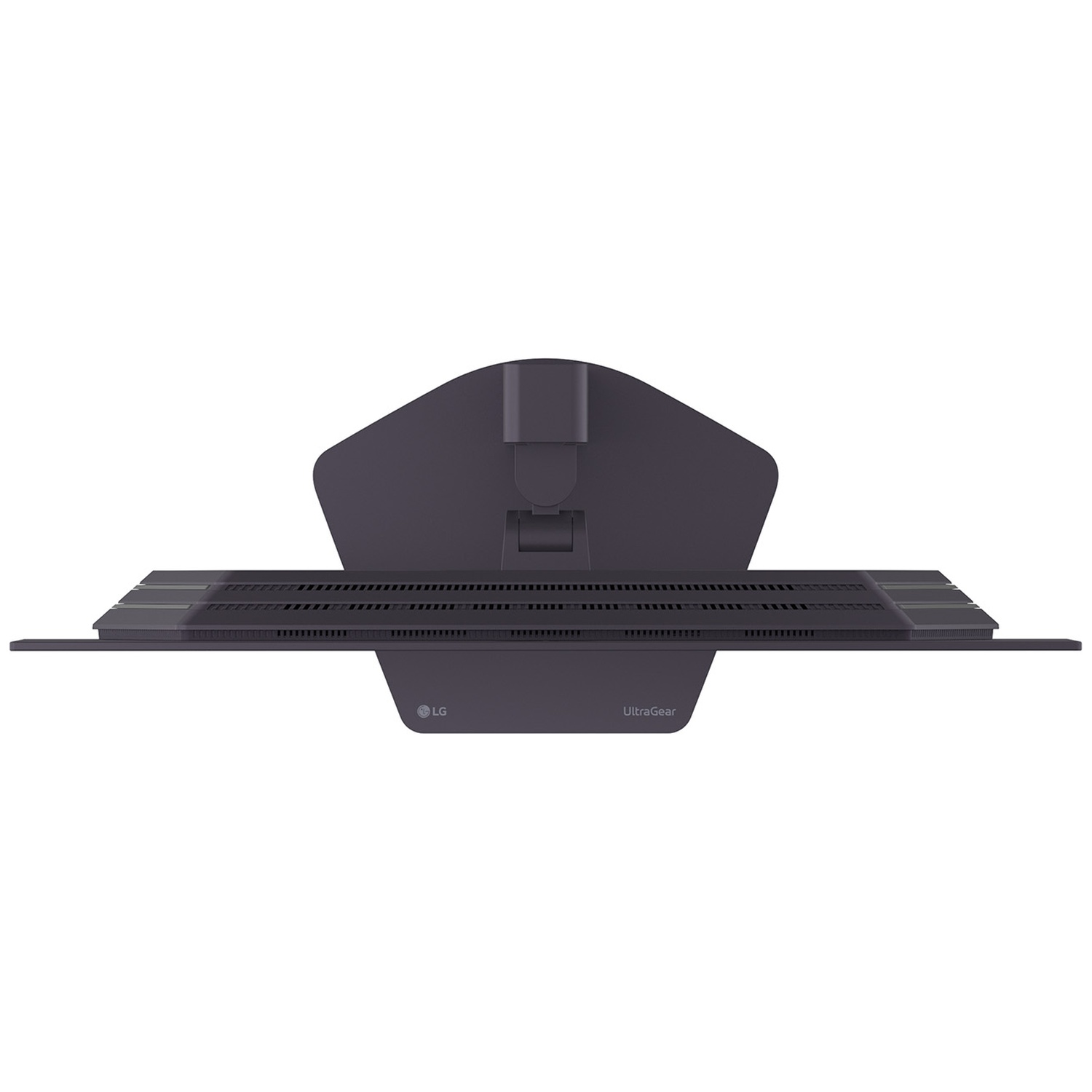 Top view of a dark gray LG UltraGear monitor. It has a curved design and a stand, with the LG logo visible.