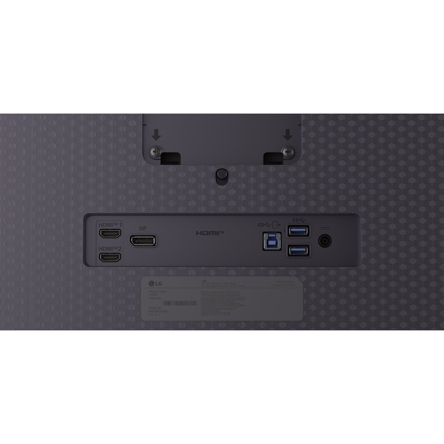 Back of a dark monitor with ports, HDMI, USB, and power inputs, and an LG logo. The surface is textured with a geometric pattern.