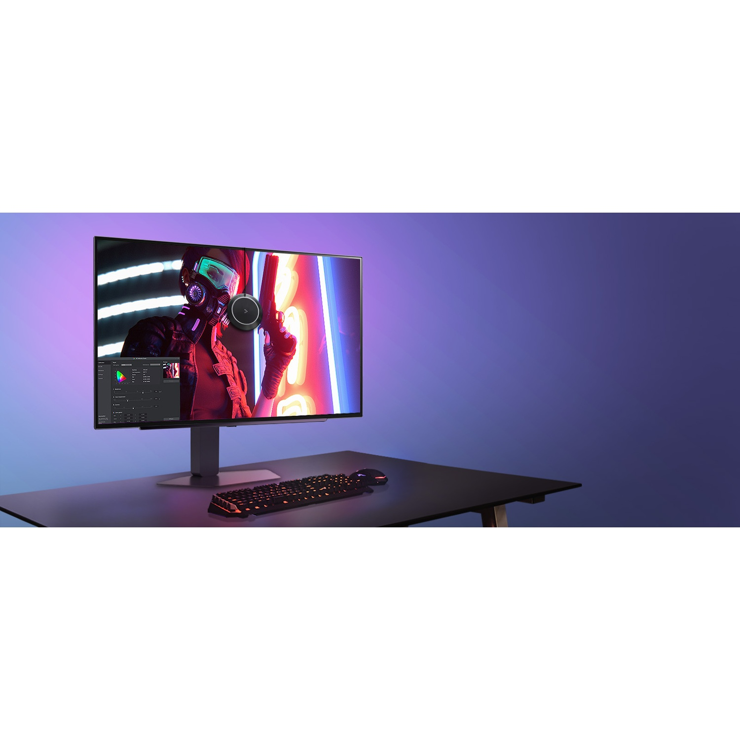 A monitor displays a person in a gas mask. A keyboard and mouse sit on a black desk. Purple and blue gradient background.