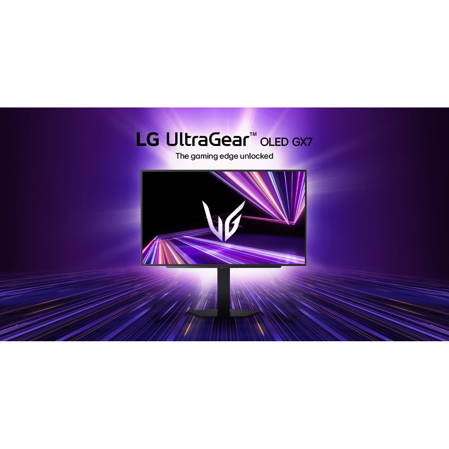 An LG UltraGear OLED GX7 monitor. Purple background with light trails. The screen shows a white stylized logo over a colorful design.