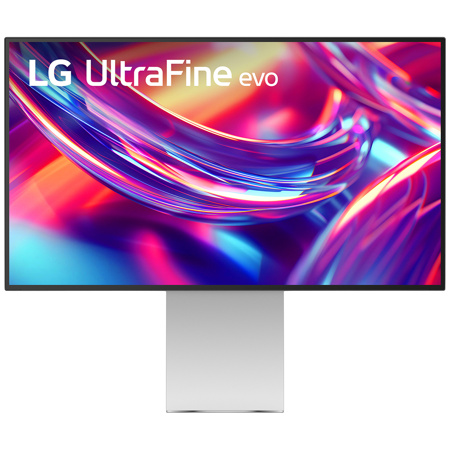 Un moniteur LG UltraFine evo. L'écran affiche des formes abstraites colorées. Le support est argenté et rectangulaire.