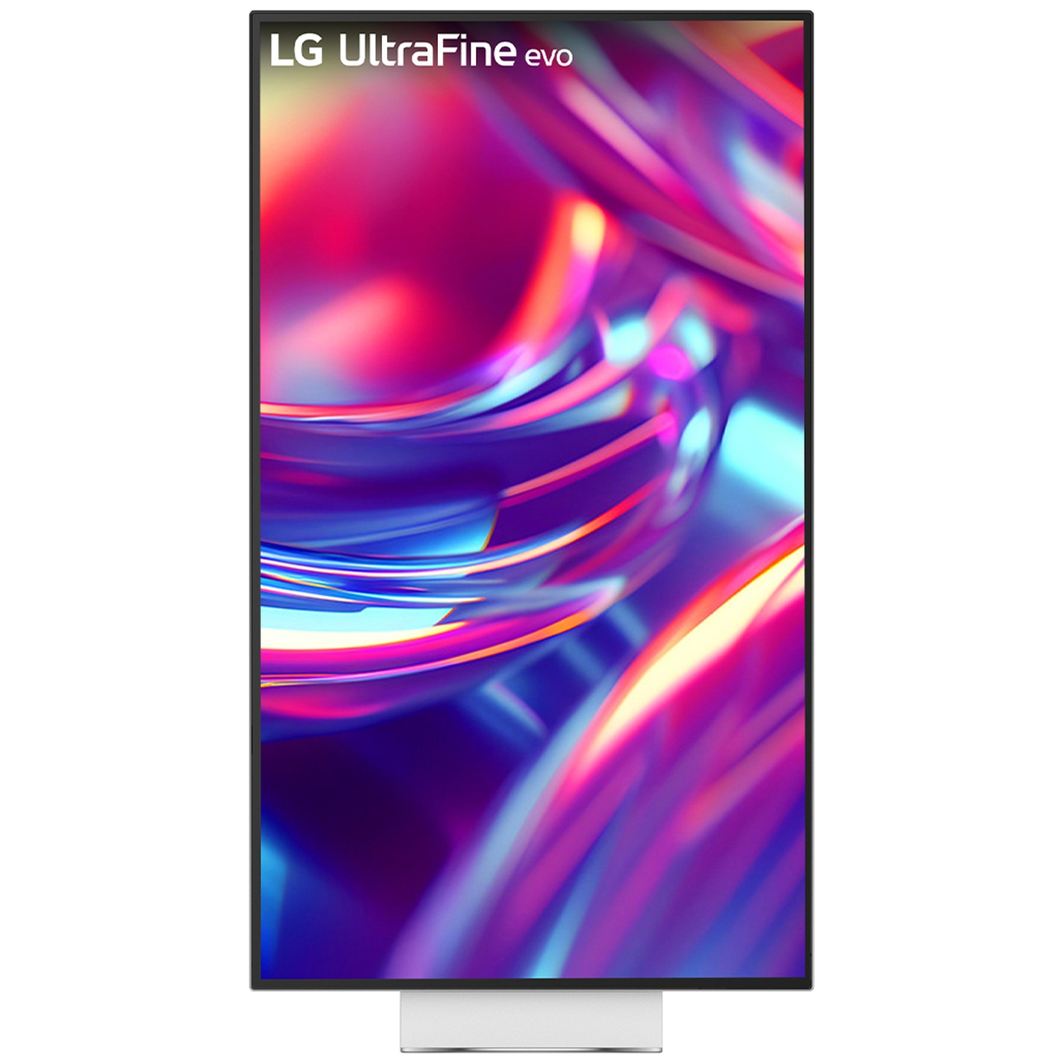Écran LG UltraFine evo. Cadre noir, support blanc. Affichage d'un design abstrait en violet, rose et bleu.