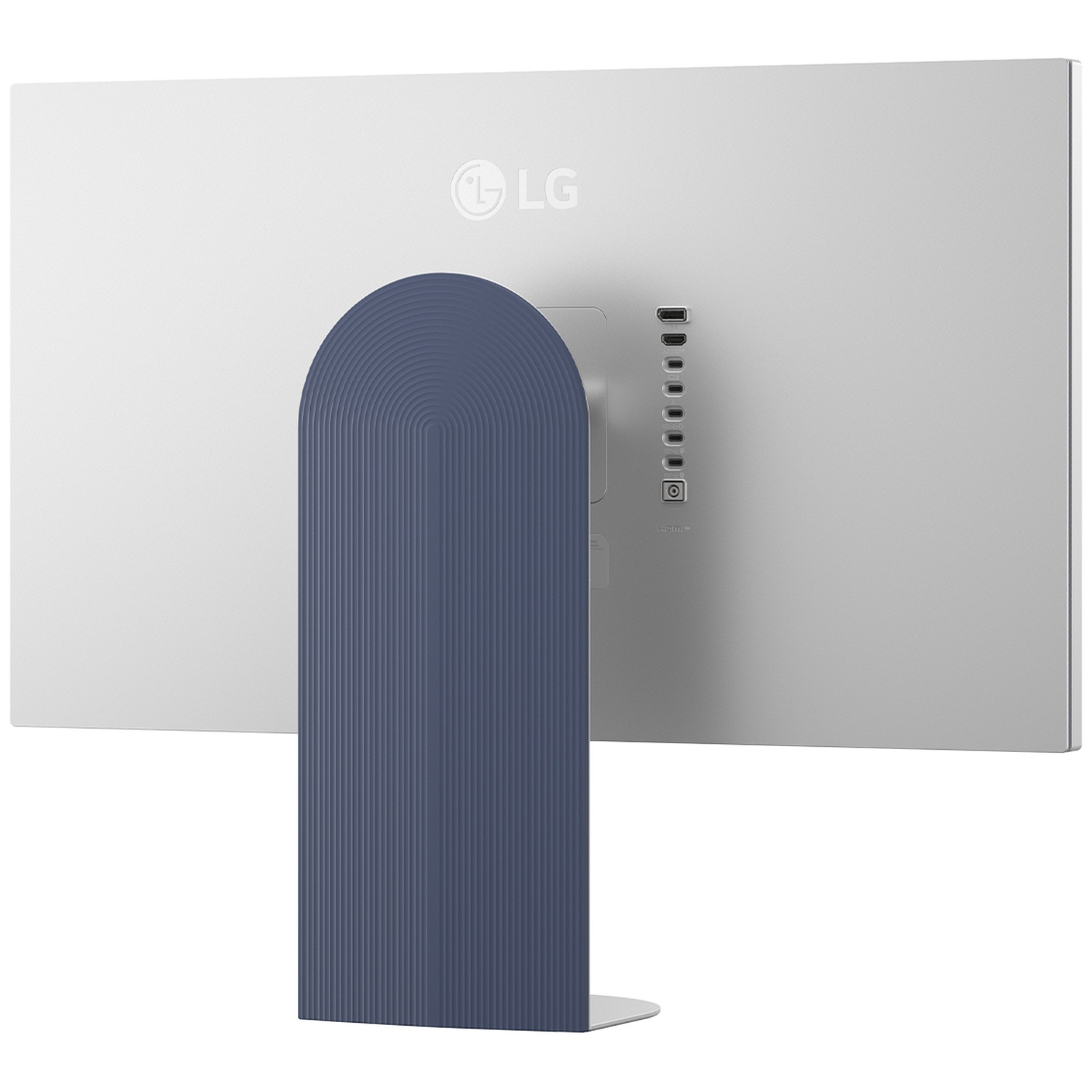 Vue arrière d'un moniteur LG. Écran blanc, dos gris avec ports, et pied bleu arqué. Logo LG visible.