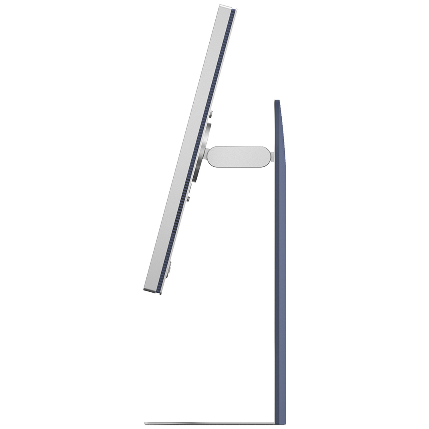 Vue latérale d'un moniteur argenté avec un pied bleu, montrant son design fin et ses fonctionnalités réglables.