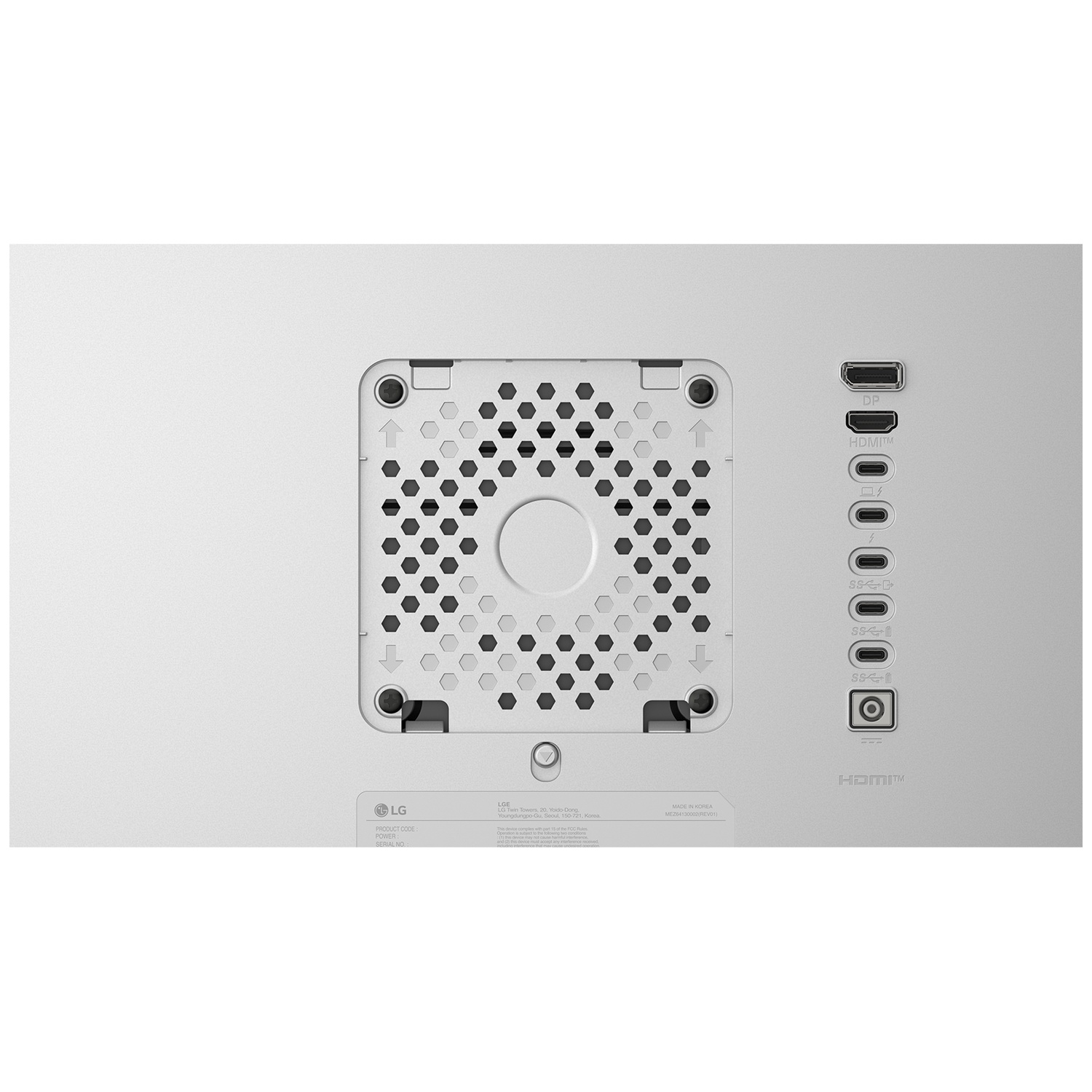 Arrière d'un moniteur LG blanc. Comprend des ports, dont HDMI et USB-C, et une grille de ventilation centrale. Le logo LG est en bas.