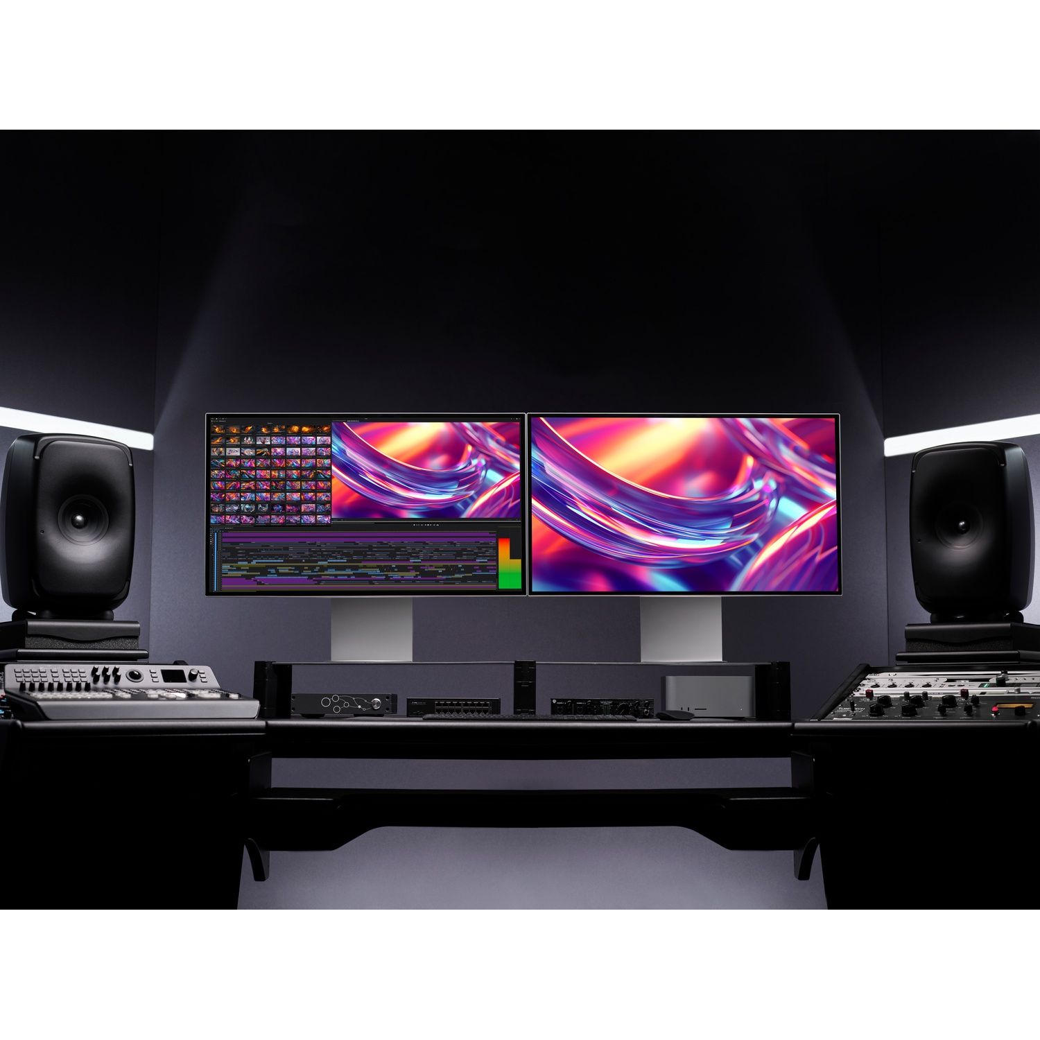 Configuration de studio avec deux moniteurs affichant des graphiques colorés et un logiciel de montage, des haut-parleurs et du matériel audio.