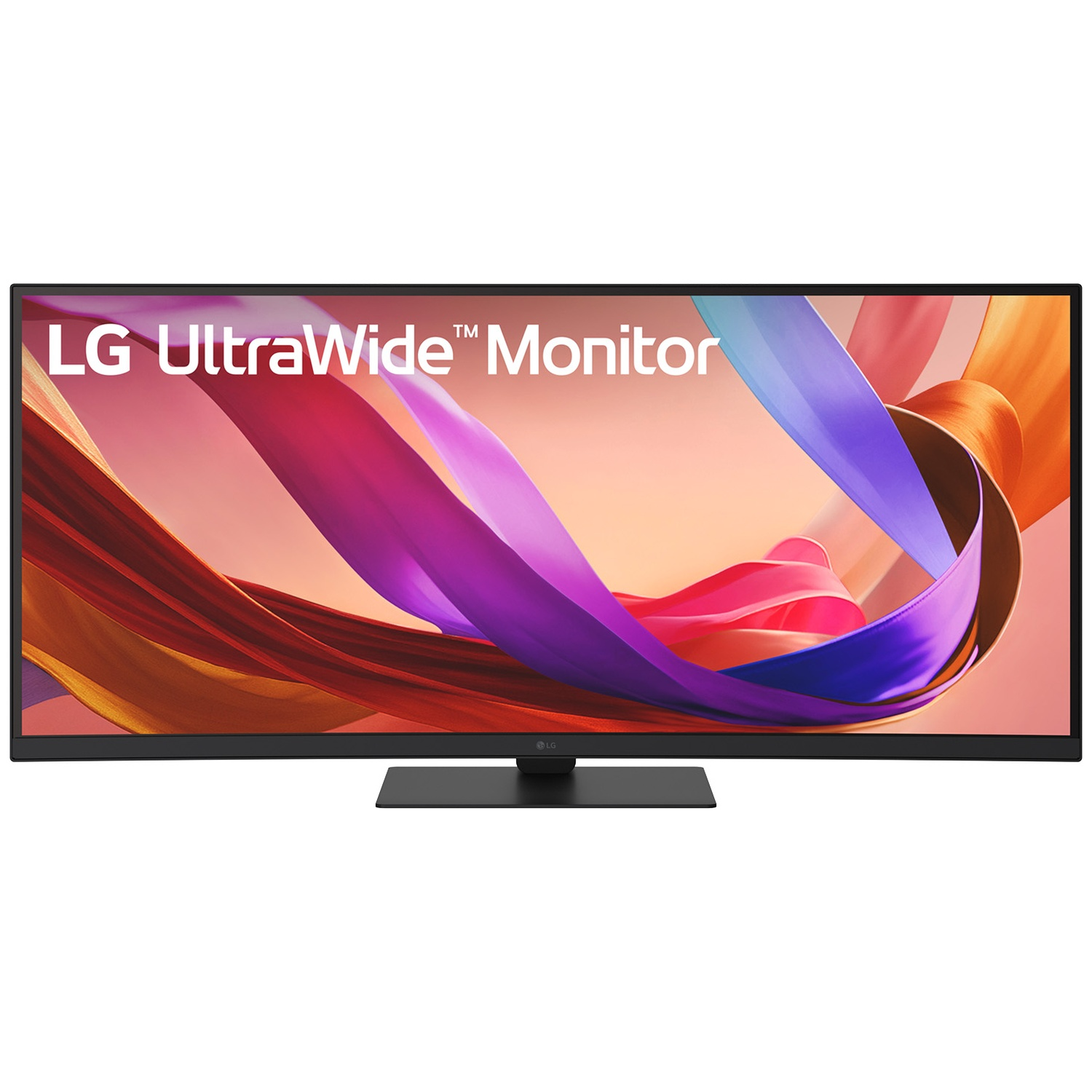 An LG UltraWide monitor. It has a black frame and stand, with a colorful abstract design on the screen.