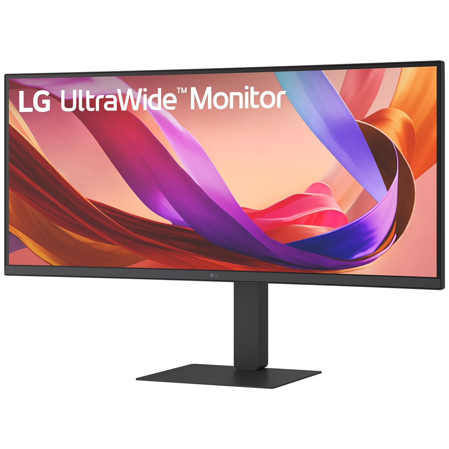 LG UltraWide Monitor. A curved monitor with a black stand. The screen displays abstract colorful shapes. The LG logo is visible.