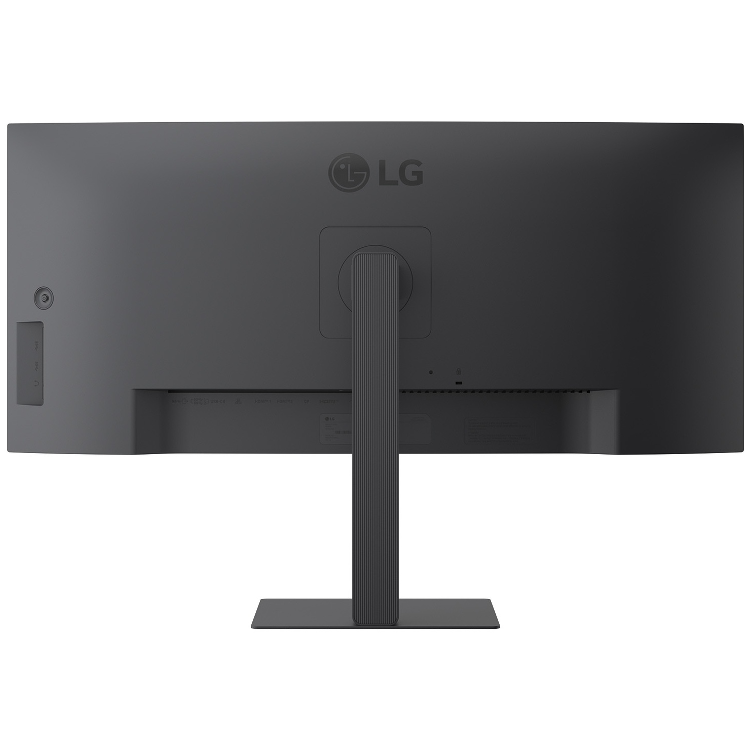 Rear view of a dark gray LG monitor. It has a stand, ports, and the LG logo. The monitor is on a white background.