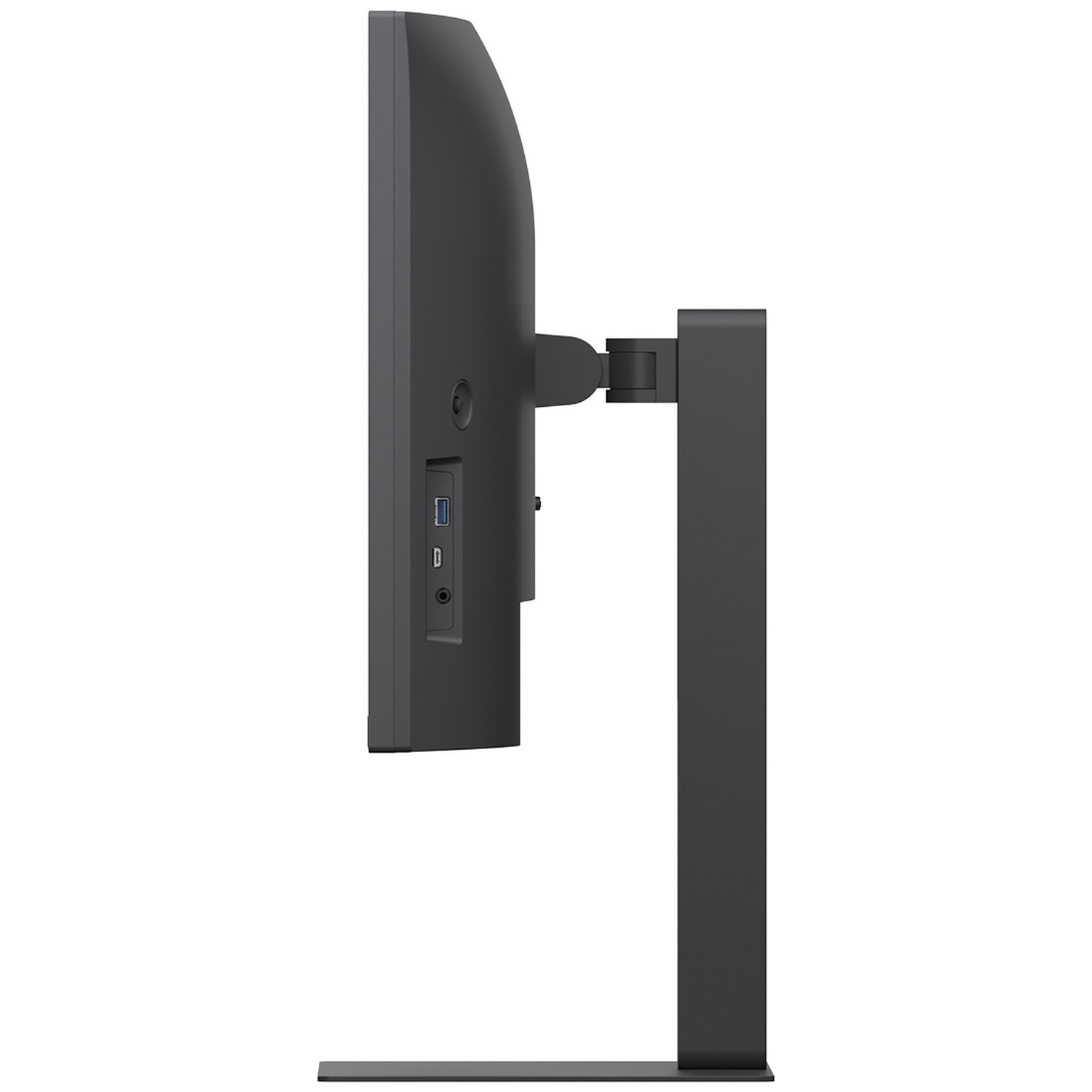 A side view of a black computer monitor with a stand. The monitor has ports, and the stand is sturdy. The background is white.