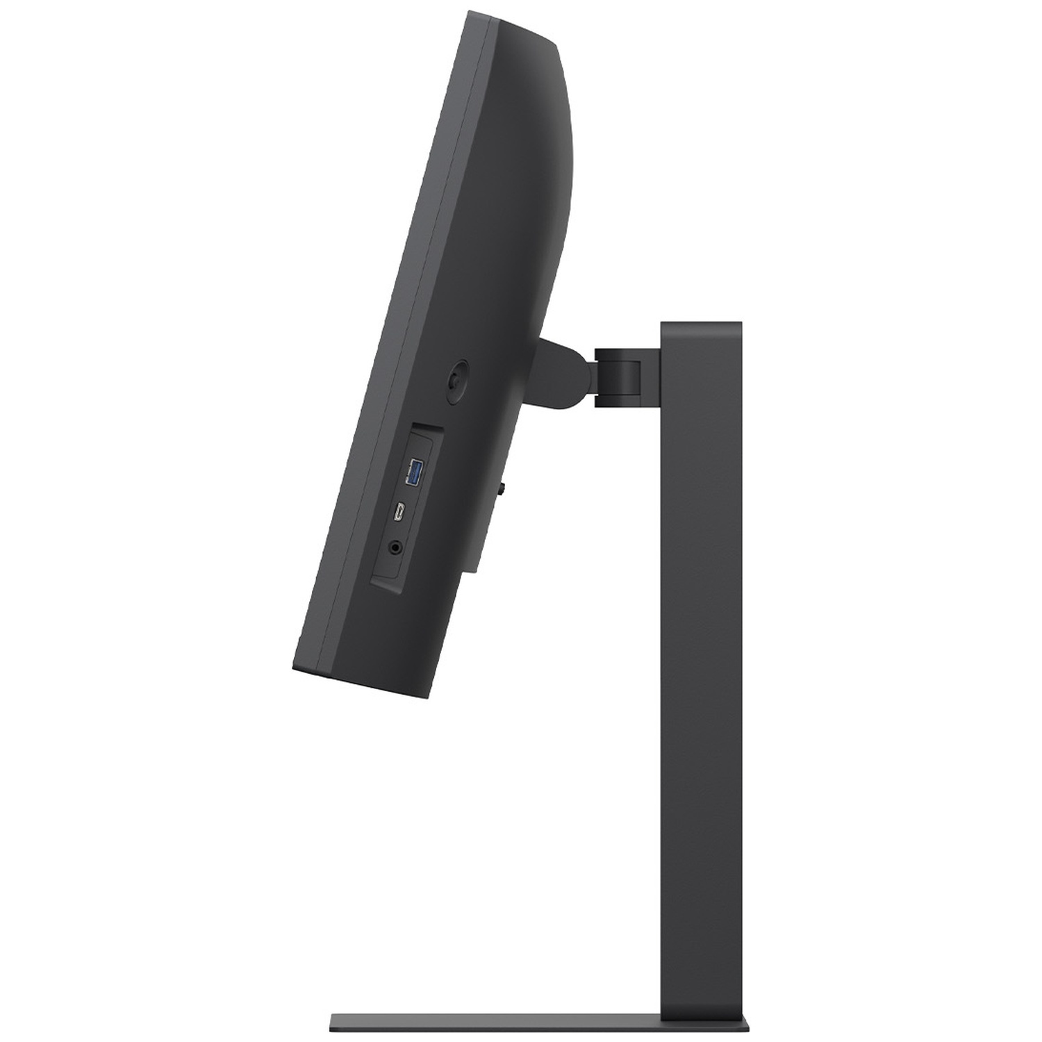 A black computer monitor angled to the left, supported by a black stand. The screen has ports visible on its side.