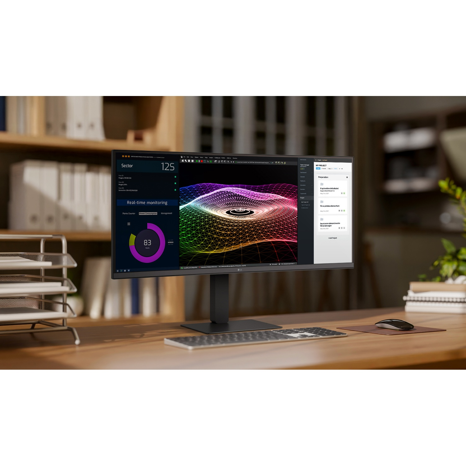 A computer monitor displays a data visualization. A keyboard, mouse, and a pen are on the wooden desk.