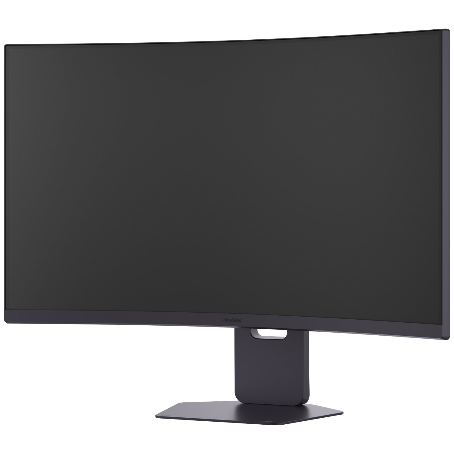 A curved black computer monitor with a stand. The screen is turned off. The stand is dark gray and rectangular.