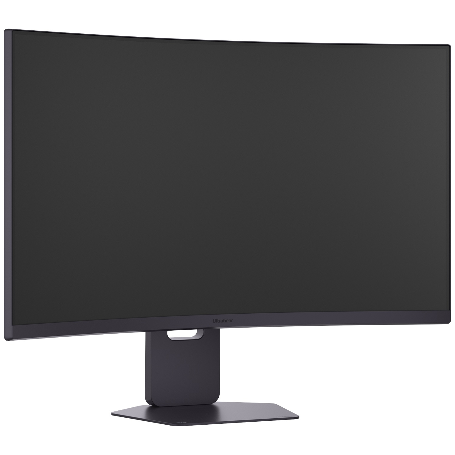 A curved, dark gray computer monitor. It has a stand and is on a white background. The monitor displays a black screen.
