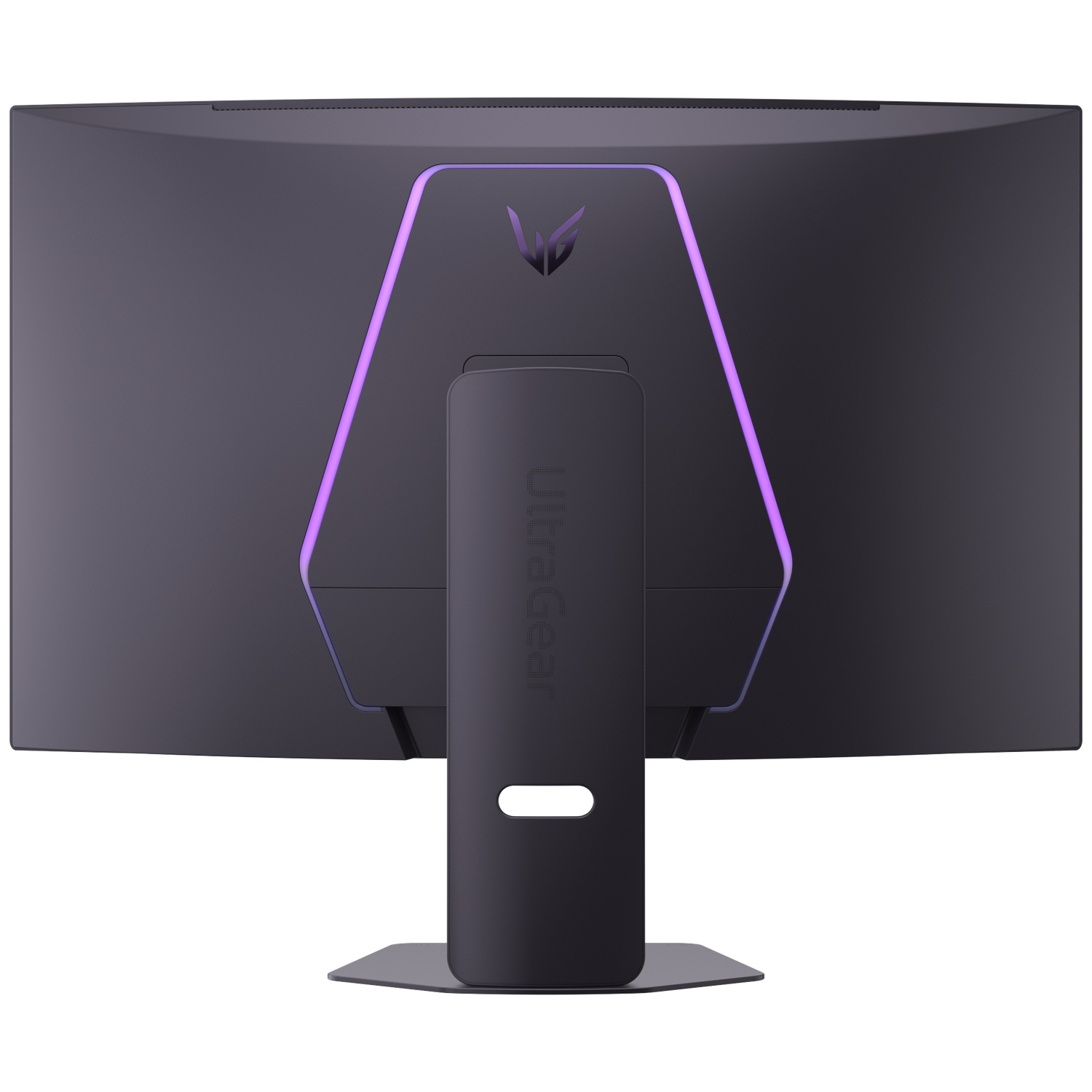 Back of a black UltraGear monitor with purple accents. The stand is black, and the logo is visible at the top.