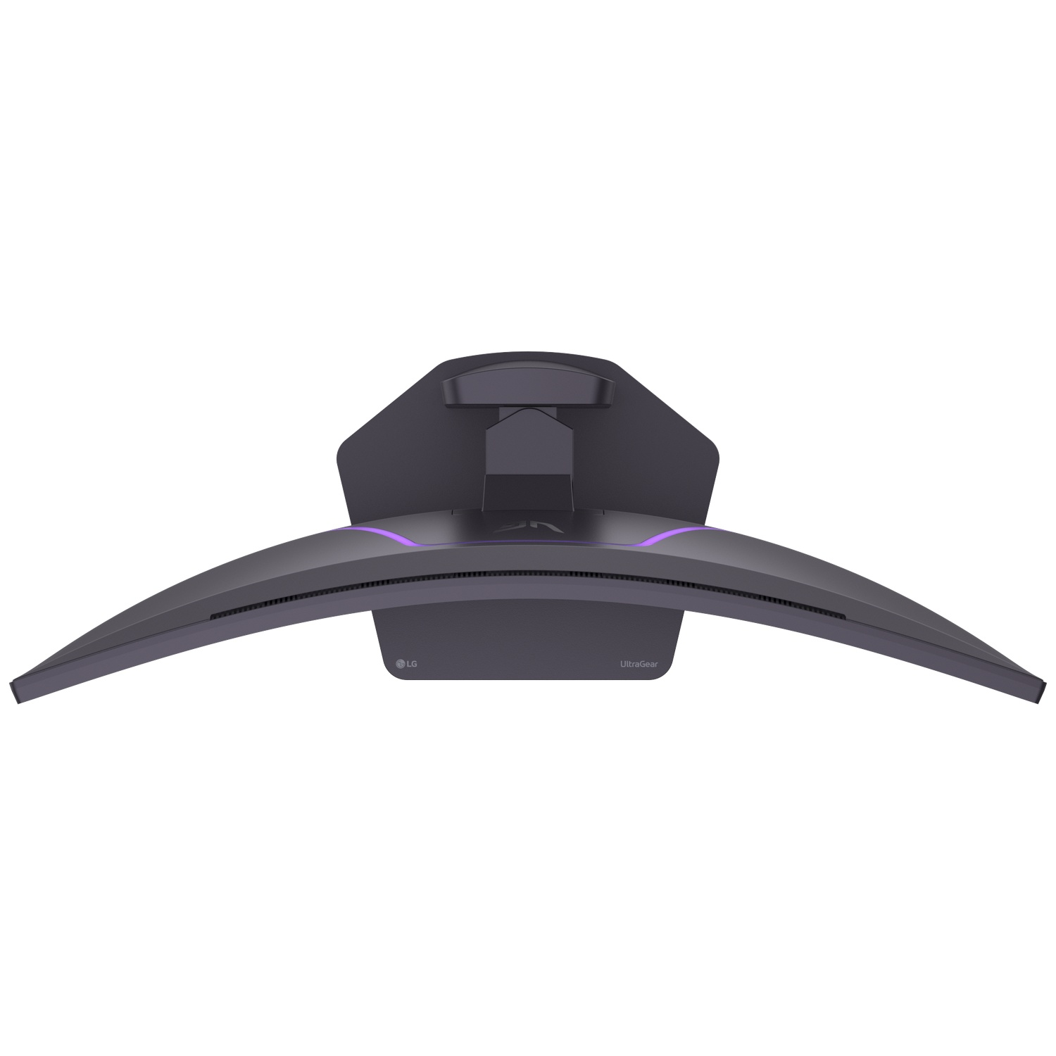 Top view of a curved, dark gray LG UltraGear monitor. Purple light accents the back. The LG logo and UltraGear are visible.