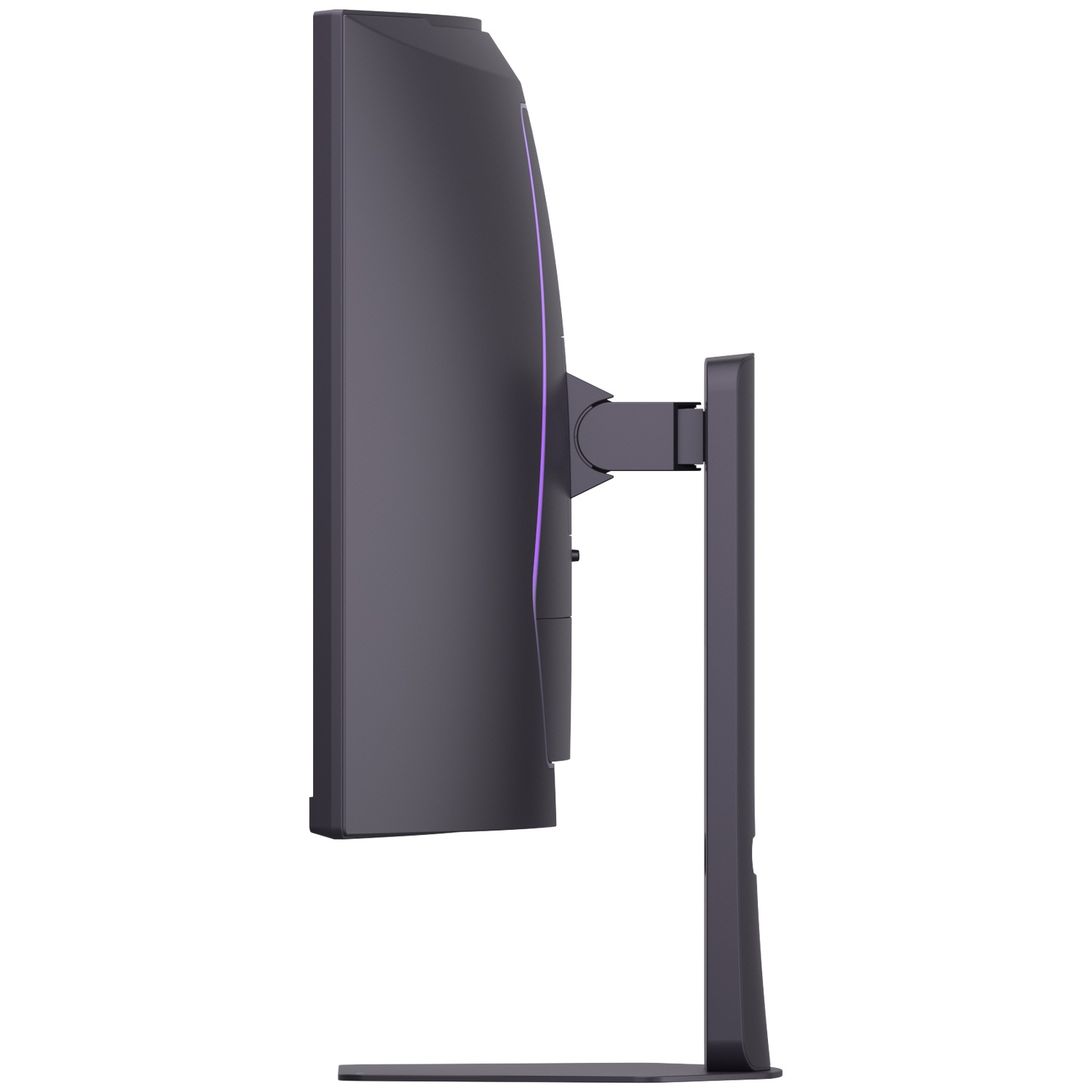 Side view of a dark gray curved monitor with a purple light strip along the edge. The monitor is on a stand.