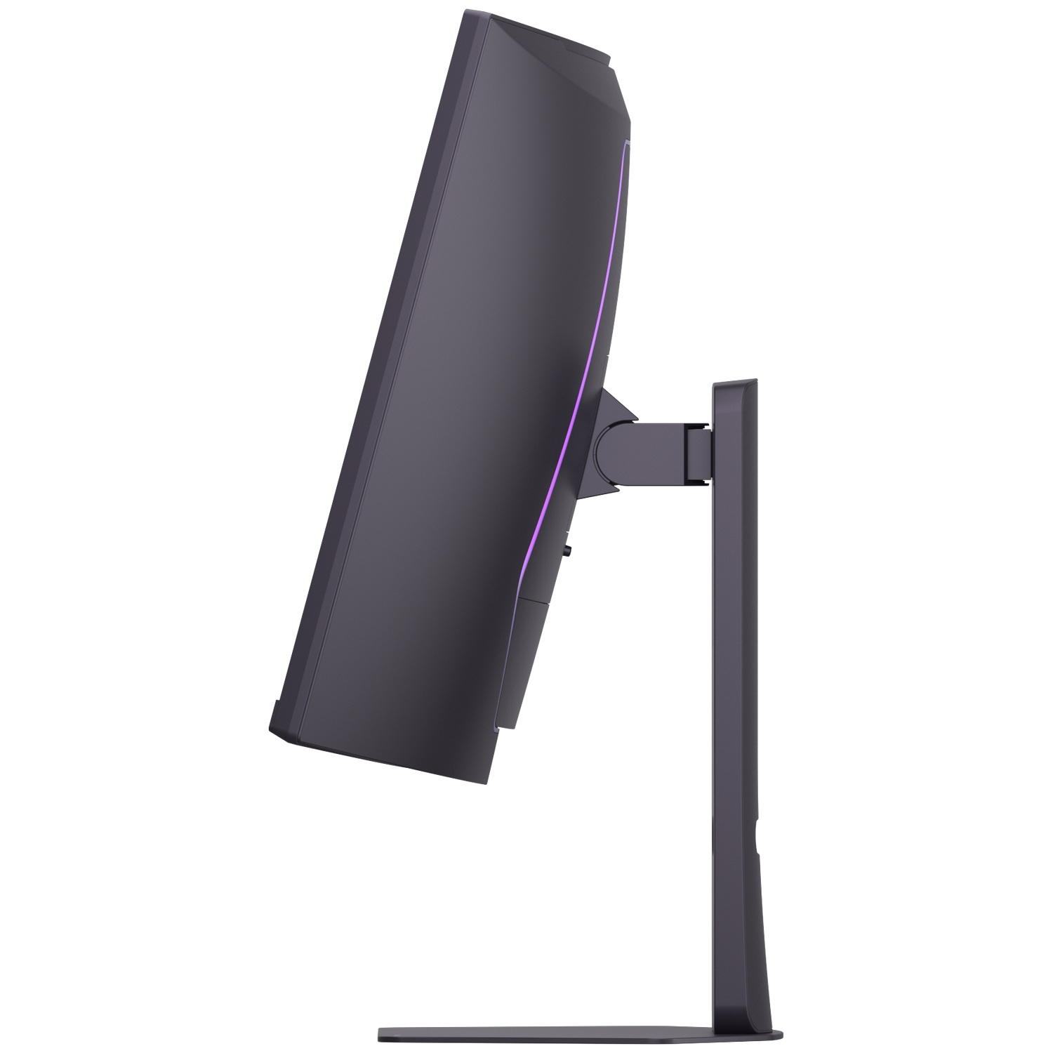 A side view of a dark monitor with a purple light strip. The monitor is angled slightly, and the stand is black with a flat base.