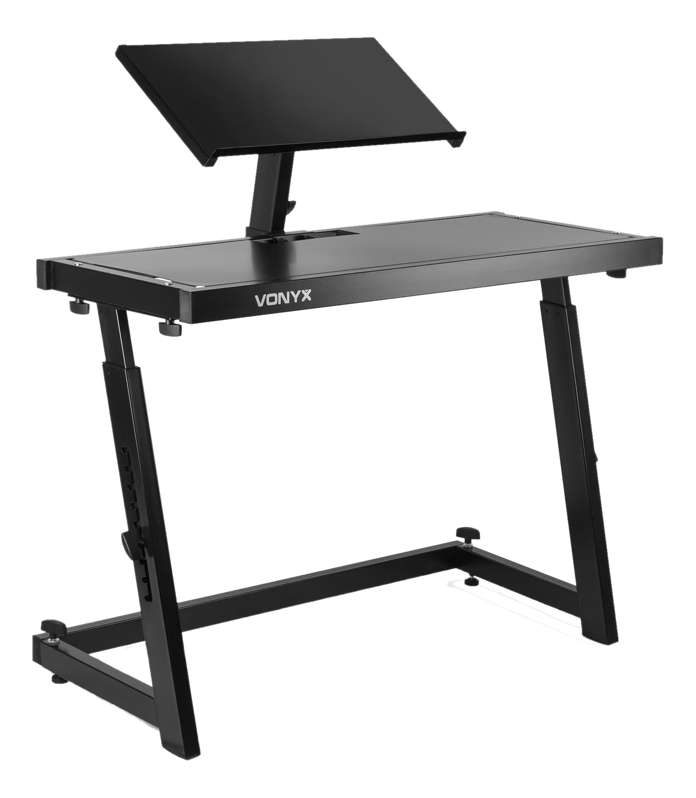 Schwarzer Vonyx DJ-Ständer mit schräger Oberseite für einen Laptop und einer flachen Oberfläche. Er hat ein Z-förmiges Beingestell.