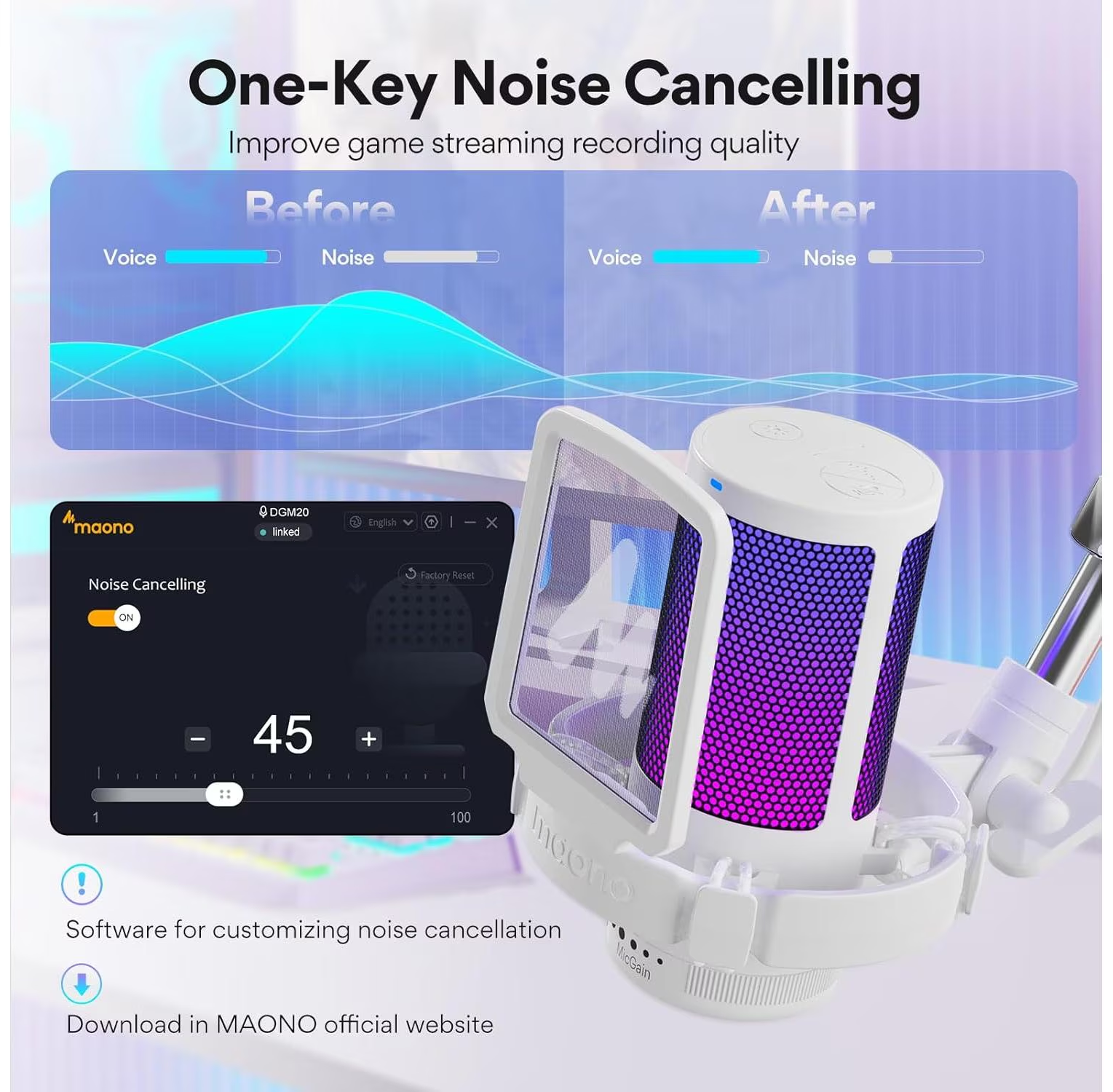 Un microfono bianco con display luminoso viola e blu. L'immagine mostra le funzioni di cancellazione del rumore e le opzioni di personalizzazione del software.
