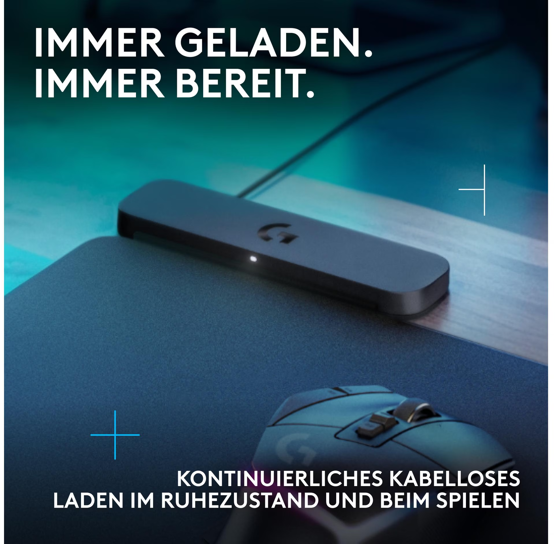L'immagine mostra una stazione di ricarica con un mouse. Il testo dice: Sempre carico, sempre pronto. Ricarica wireless continua.