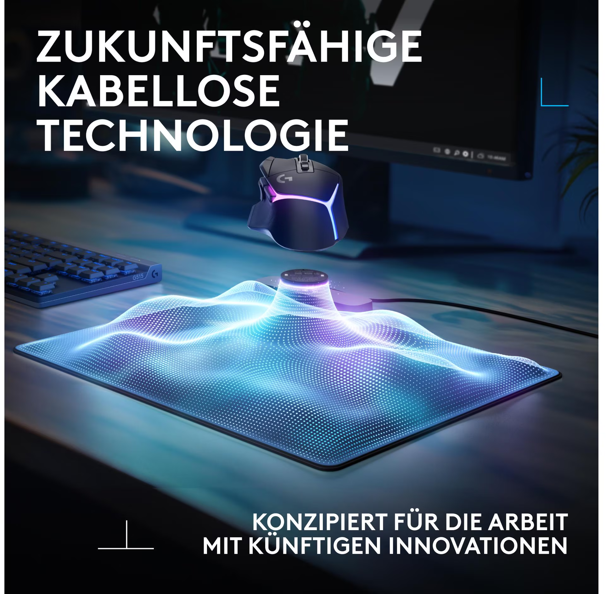 Un mouse fluttua sopra un tappetino per mouse luminoso. Una tastiera è sullo sfondo. Il testo dice 'Tecnologia wireless futura'.