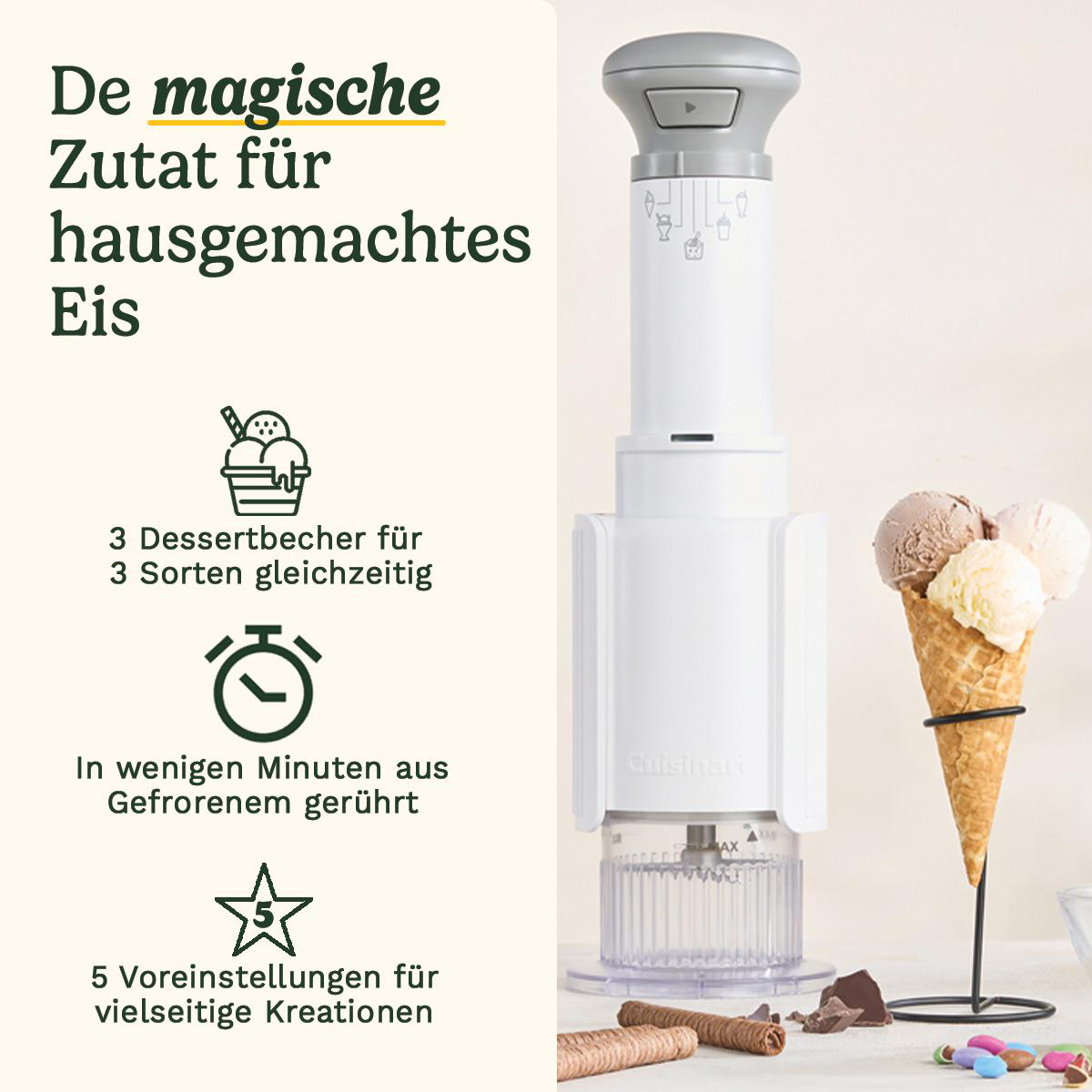 Eine Eismaschine mit Eistüte, Schokoladenstücken und Süßigkeiten im Vordergrund. Text auf Deutsch beschreibt die Funktionen.