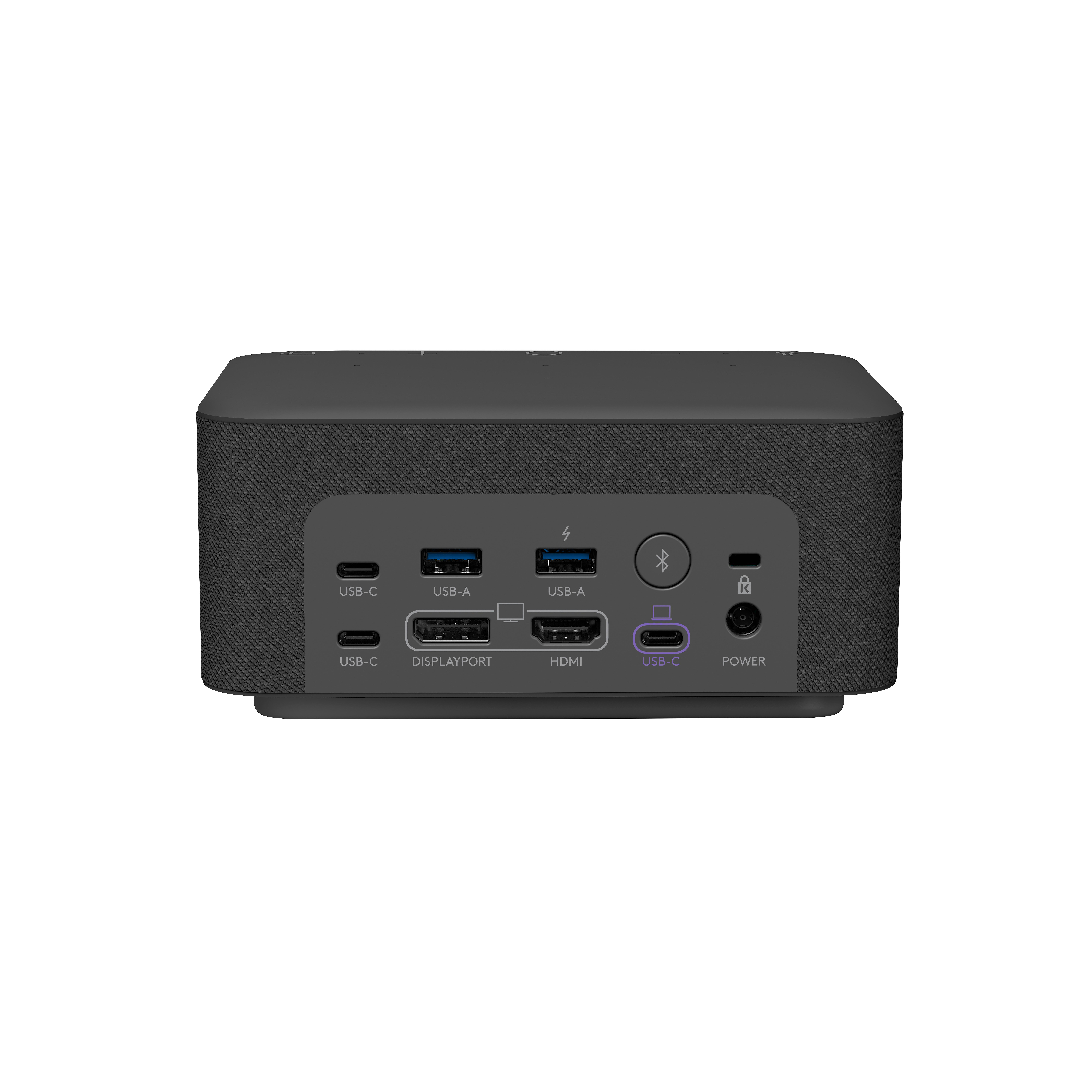 Ein graues, rechteckiges Gerät mit verschiedenen Anschlüssen, darunter USB-C, USB-A, DisplayPort, HDMI und Power, isoliert auf Weiß.