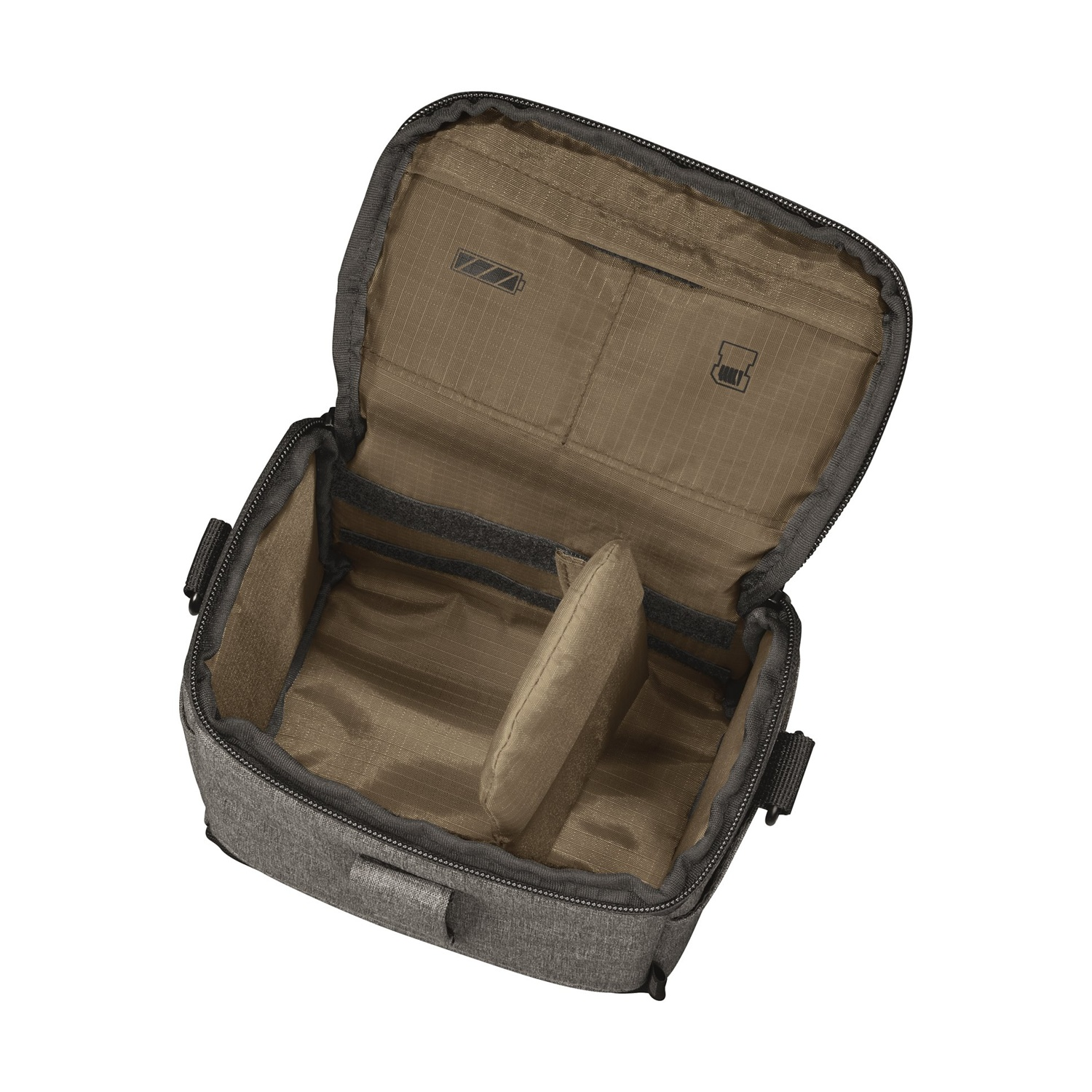 Una borsa per fotocamera grigia aperta con interno marrone e un piccolo divisore imbottito beige. La borsa è su sfondo bianco.