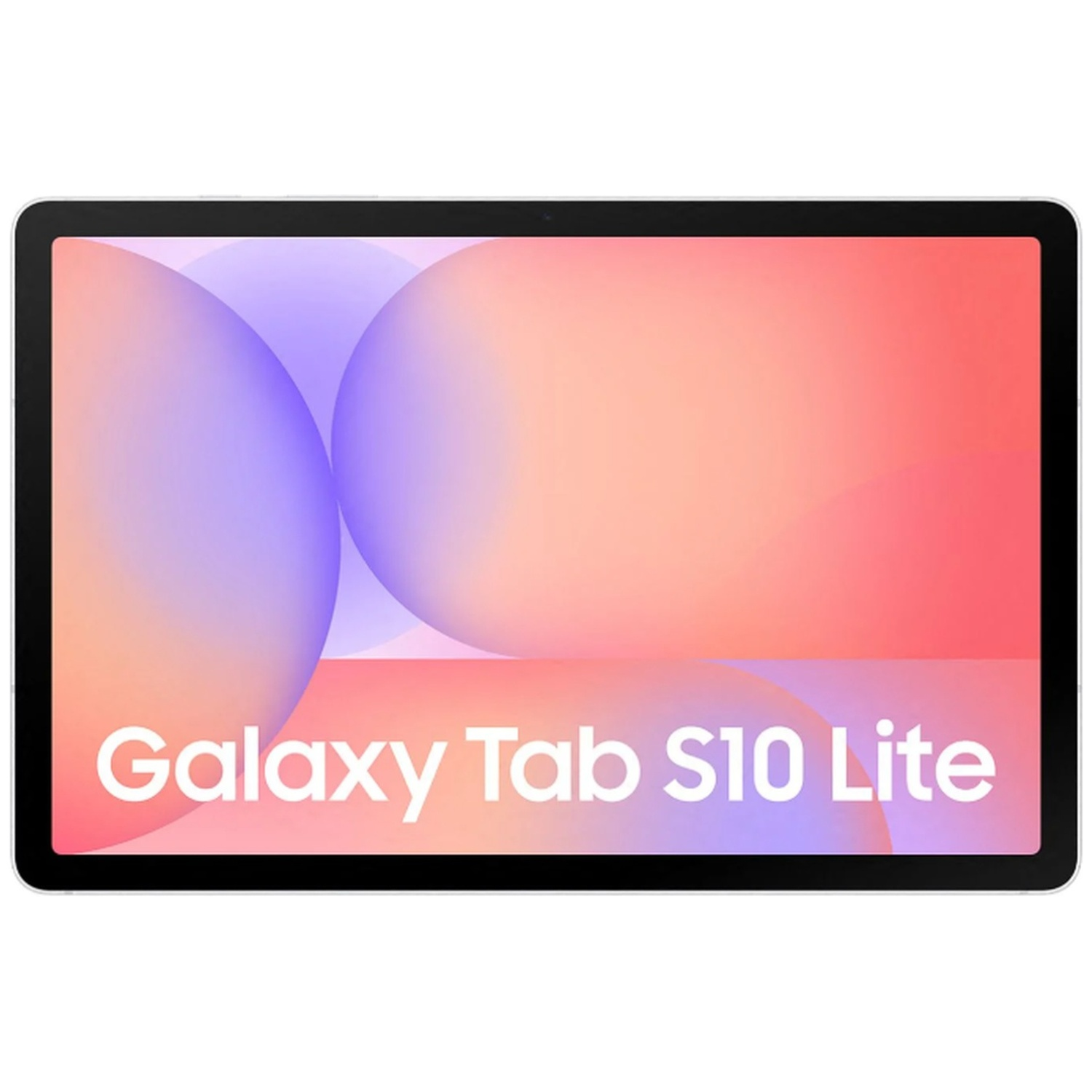 Une tablette avec un bord noir affiche le texte Galaxy Tab S10 Lite. L'écran a un fond dégradé rose, orange et violet.