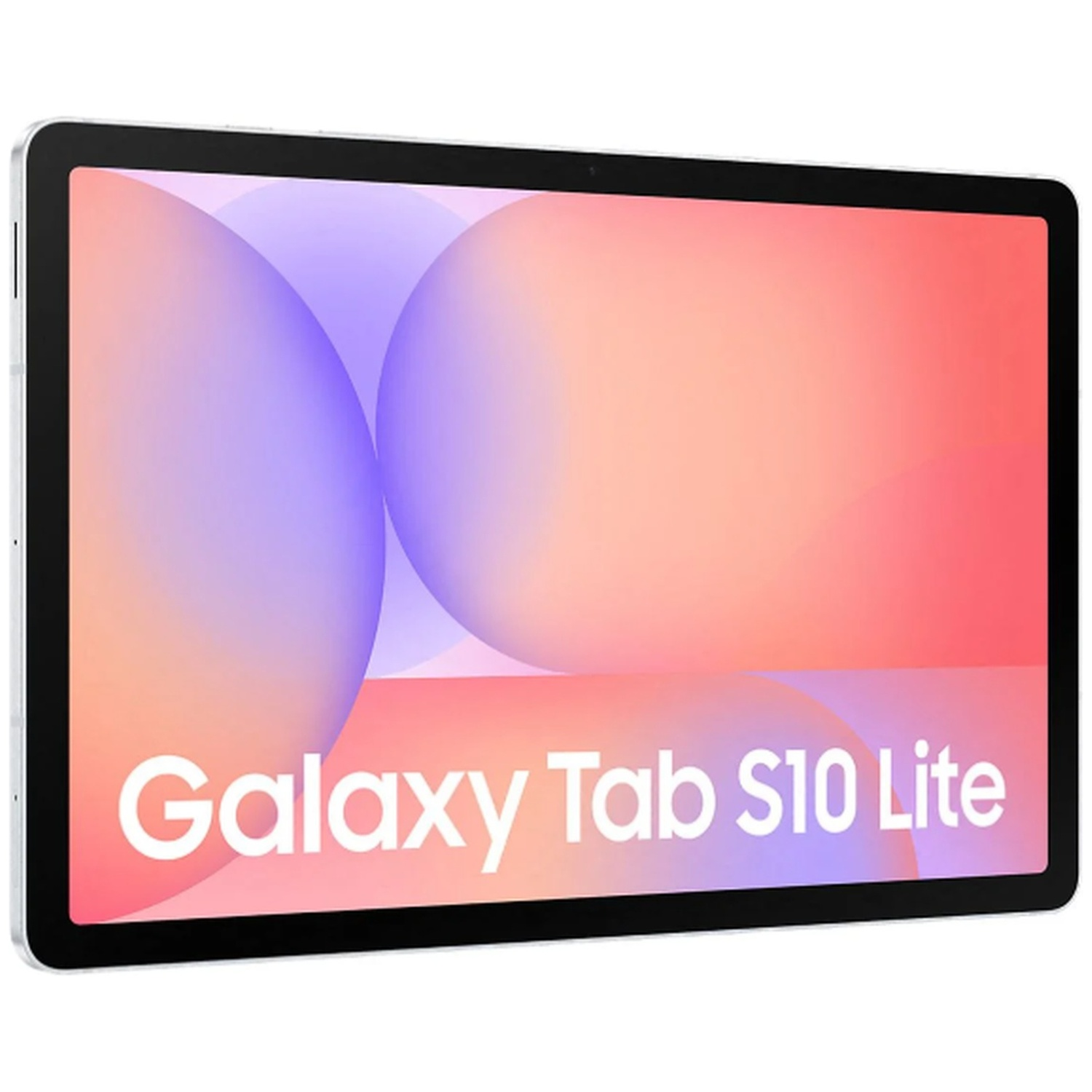 Une tablette Samsung Galaxy Tab S10 Lite. L'écran affiche des formes abstraites colorées avec le nom de l'appareil en blanc.