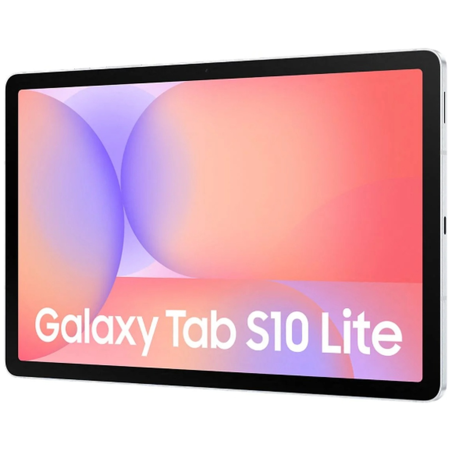 Une tablette avec un cadre noir affiche un fond dégradé rose, orange et violet. Les mots 'Galaxy Tab S10 Lite' sont visibles.