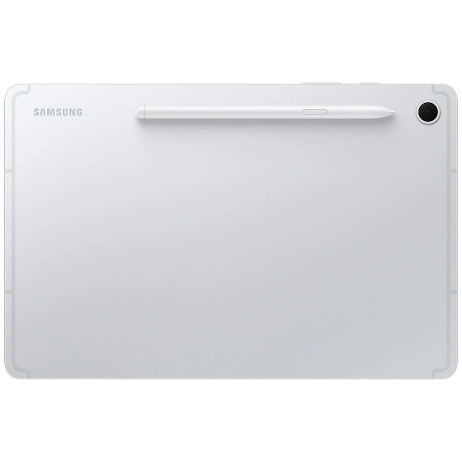 Tablette Samsung blanche avec stylet. La caméra et le logo Samsung sont visibles. La tablette a un design minimaliste.