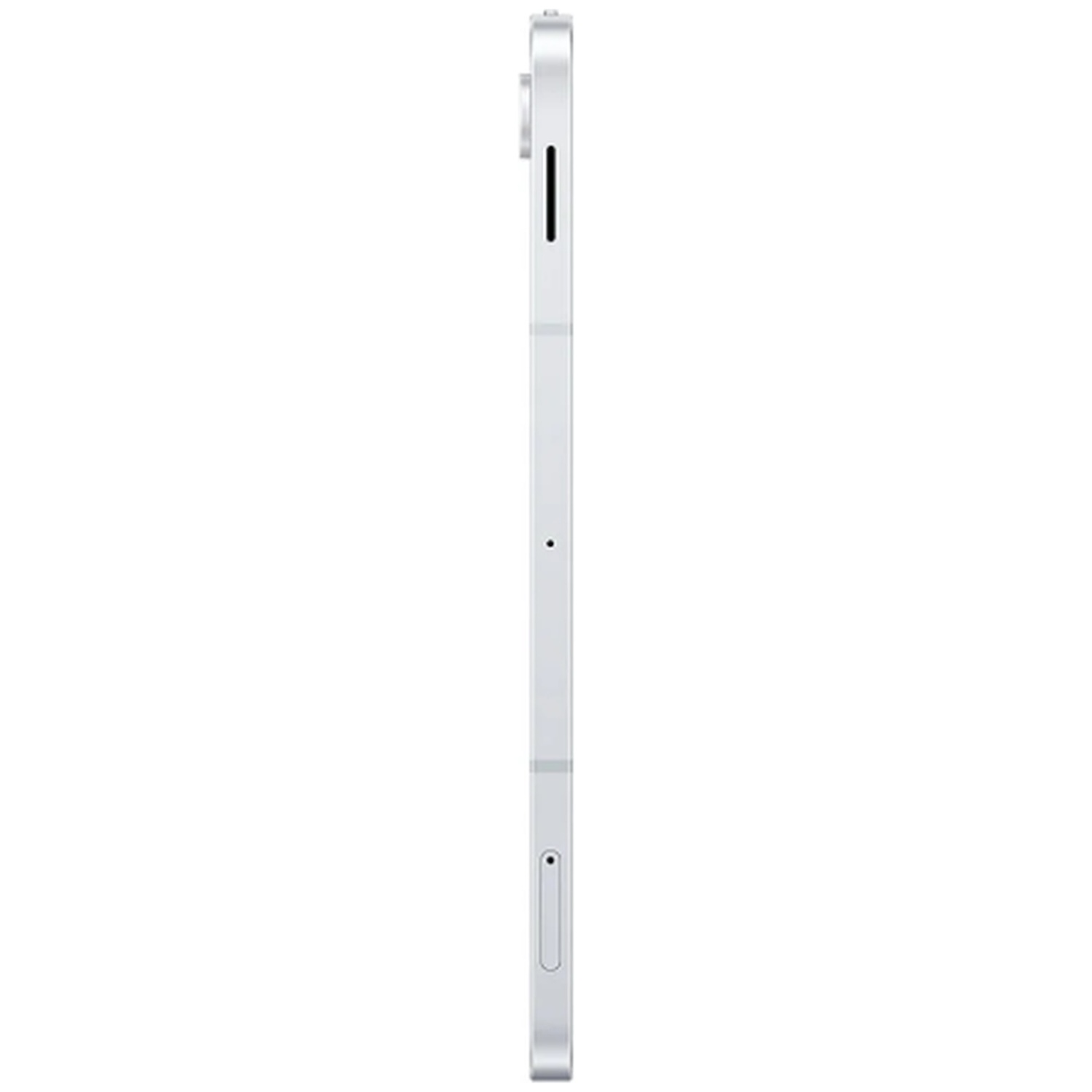 Vue latérale d'une tablette argentée. Elle possède une caméra, un trou pour le microphone et un port de charge. Le fond est blanc.