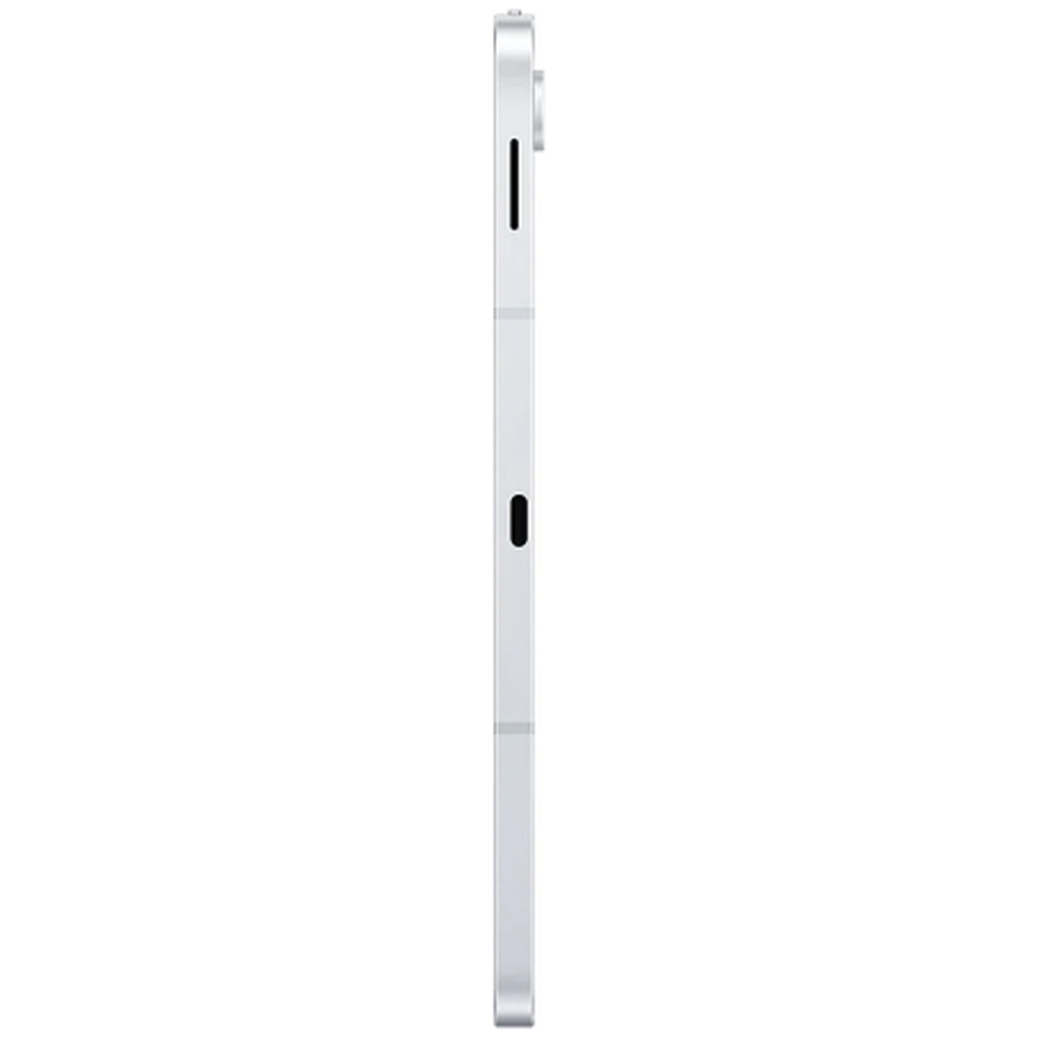 Vue latérale d'une tablette argentée. Elle comporte une caméra, un cadre fin avec un bouton d'alimentation noir et une fente noire.