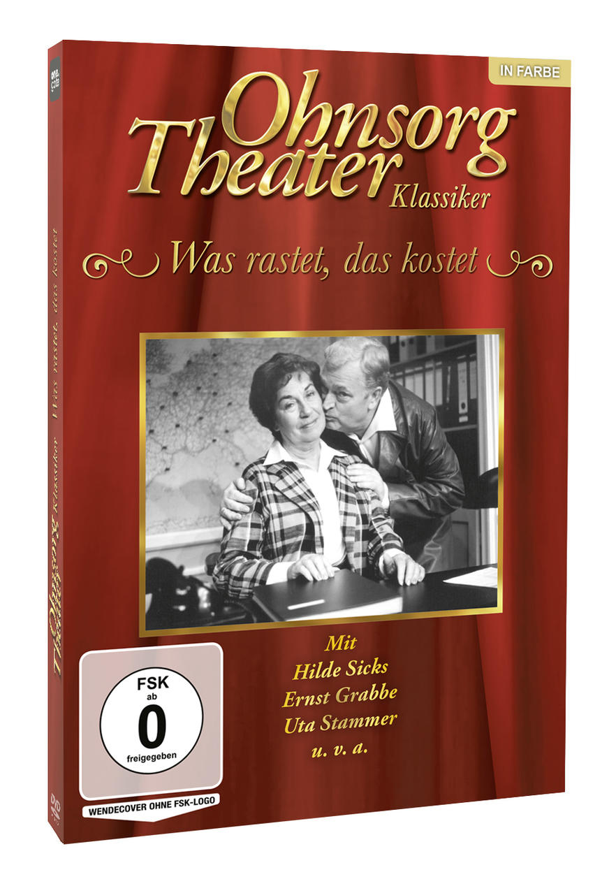 DVD-Cover des Ohnsorg Theaters. Ein Mann küsst eine Frau. Text beinhaltet "Was rastet, das kostet" und Namen der Darsteller. Roter Hintergrund.