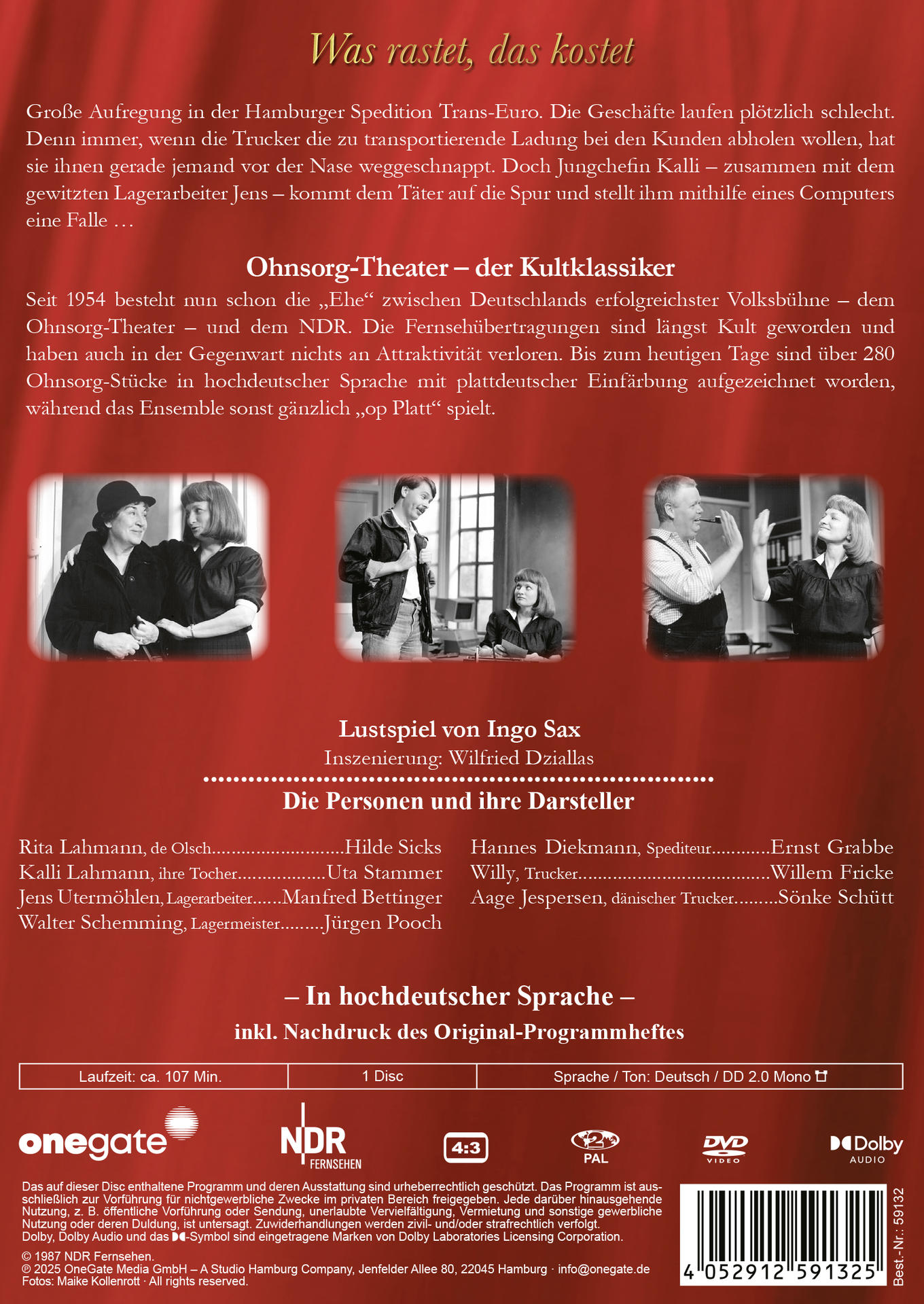 DVD-Cover mit Fotos von Schauspielern, Text über ein Theaterstück und Logos von NDR und OneGate.