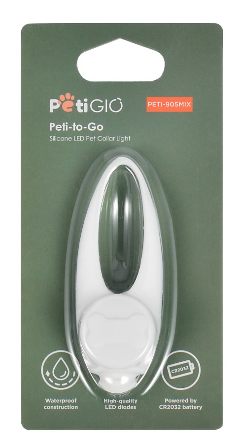 Opakowanie lampki do obroży Peti-to-Go. Światło jest białe, zamknięte w przezroczystym plastiku, na zielonym tle.