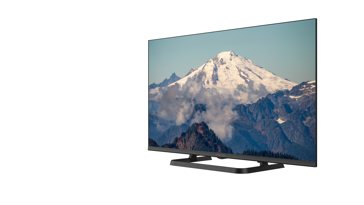 Un televisor muestra una escena de montaña con nieve. El televisor es negro, con un soporte. El fondo es blanco.