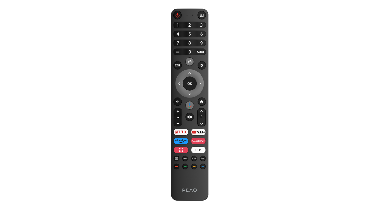 Un mando a distancia negro con números, botones de Netflix y YouTube. Está sobre un fondo blanco.