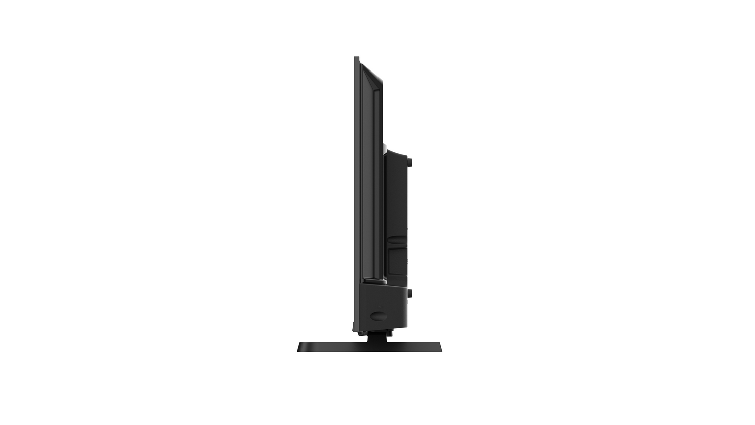 Un televisor de pantalla plana negro visto de lado. Tiene un soporte y está sobre un fondo blanco. La pantalla está apagada.