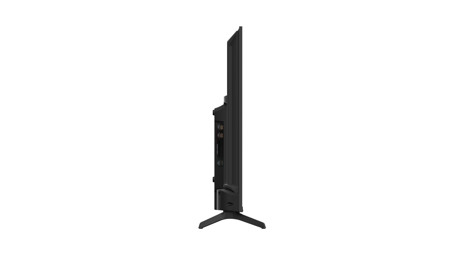 Vista lateral de un televisor de pantalla plana negro. El televisor tiene un marco delgado, puertos en el lateral y está sostenido por dos patas.